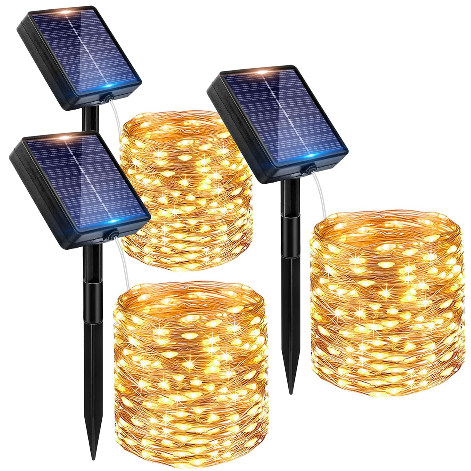 Peasur Guirnaldas Luces Exterior Solar - 3 Pack 12+2M/120LED Luces Solares LED Exterior Jardin Luz Navidad Exteriors Solares Luz Solar Exteriors Jardin Cadena para Exteriores Decoracion Arbol, Cálido