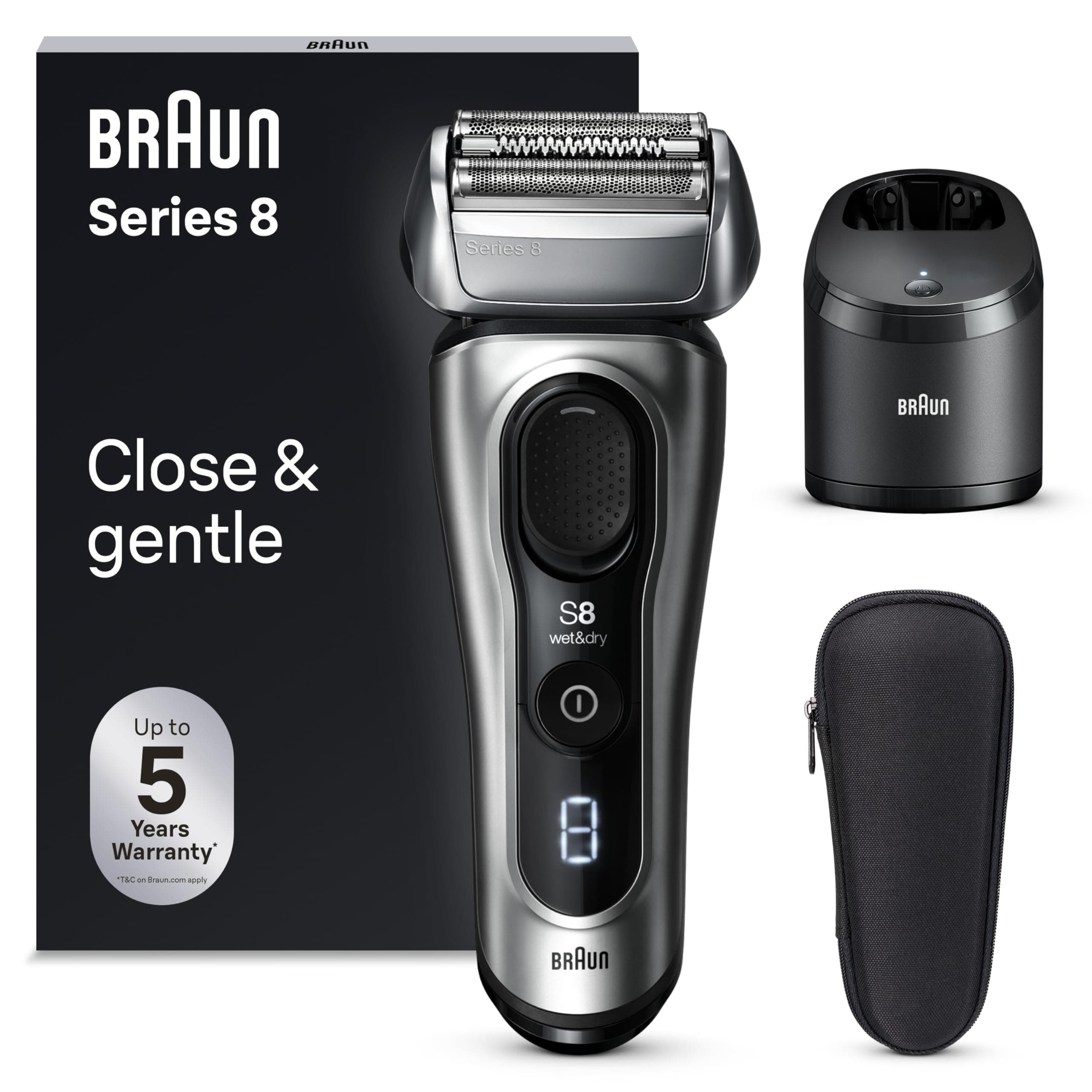 Braun Series 8, Rasoio Elettrico Barba, Regolabarba Uomo, Rifinitore Di Precisione, Custodia Viaggio, Stazione SmartCare, Batteria Litio Ion, 100% Impermeabile, Idea Regalo, 8567cc Argento