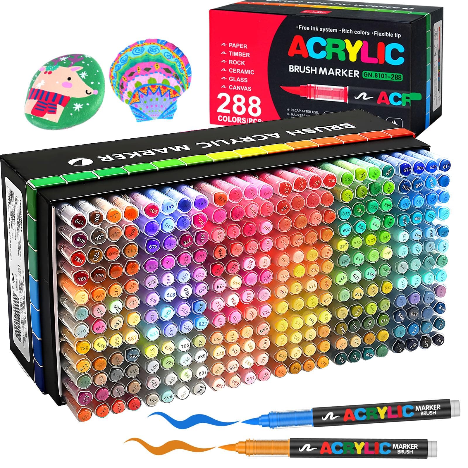 Efimeso 288 Couleurs Feutre Acrylique, Marqueur Peinture Acrylique à Pinceau à Base D'eau, Acrylic Paint Marker pour Roche, Toile, Bois, Pierre, Céramique, Verre, Tissu