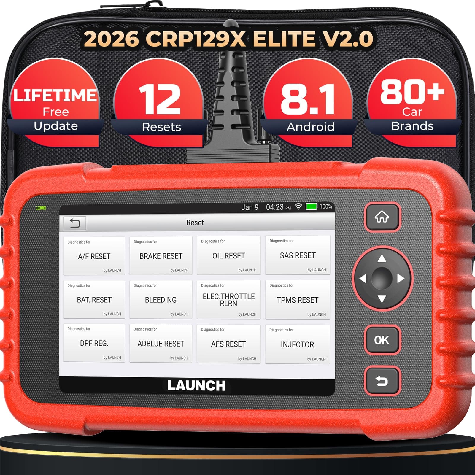 LAUNCH CRP129X V2.0 OBD2 Escáner, Herramienta de Diagnóstico Escaneo Coche, Reset Aceite EPB SAS TPMS Codificación de Inyectores y Ajuste Acelerador AutoVIN, Actualización Gratuita de por Vida