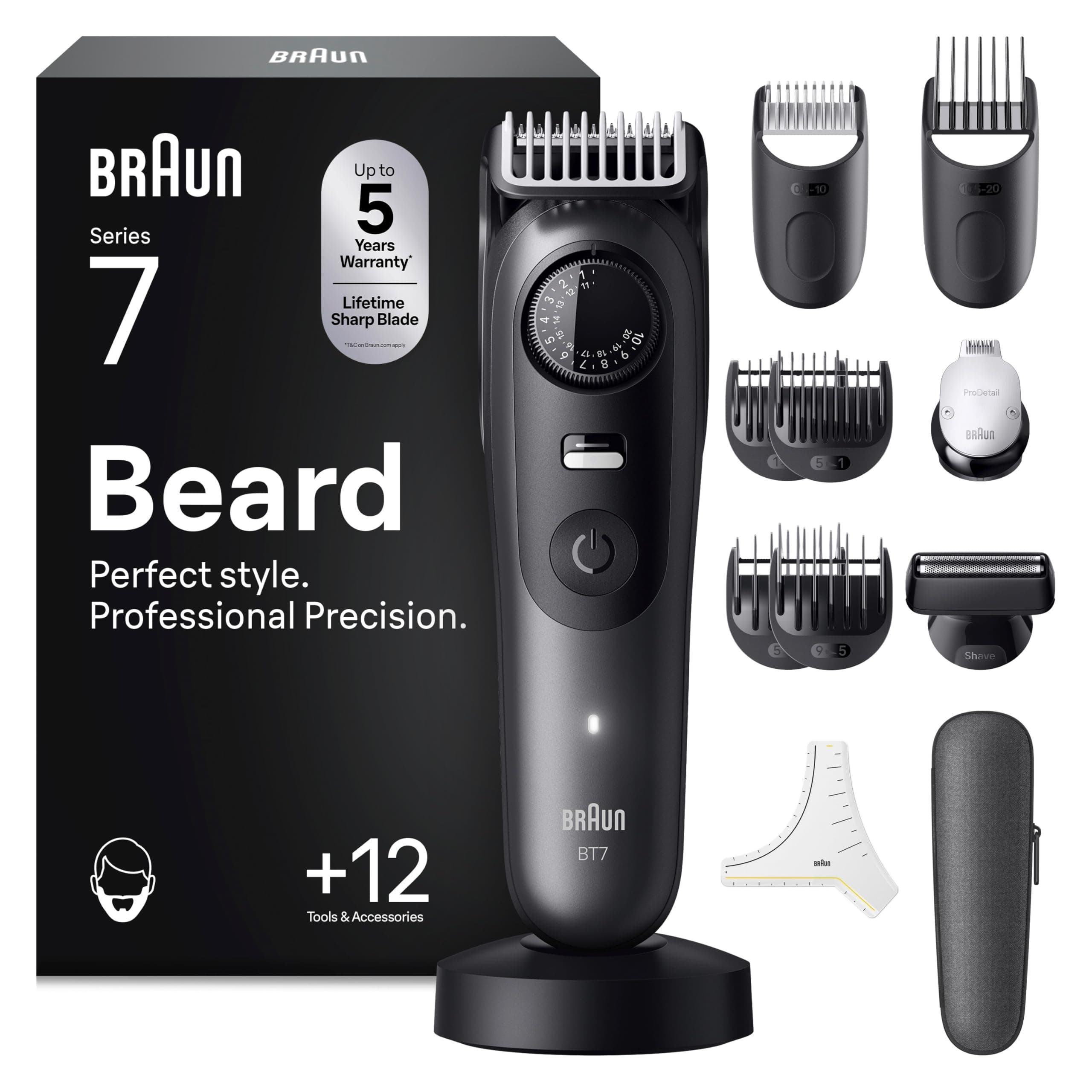 Braun Recortadora De Barba Series 7 BT7545, Barbero Recargable Resistente Al Agua, +12 Accesorios Para Barba, 120 Min De Autonomía, 40 Longitudes, Lámina Ultra Afilada, Gris