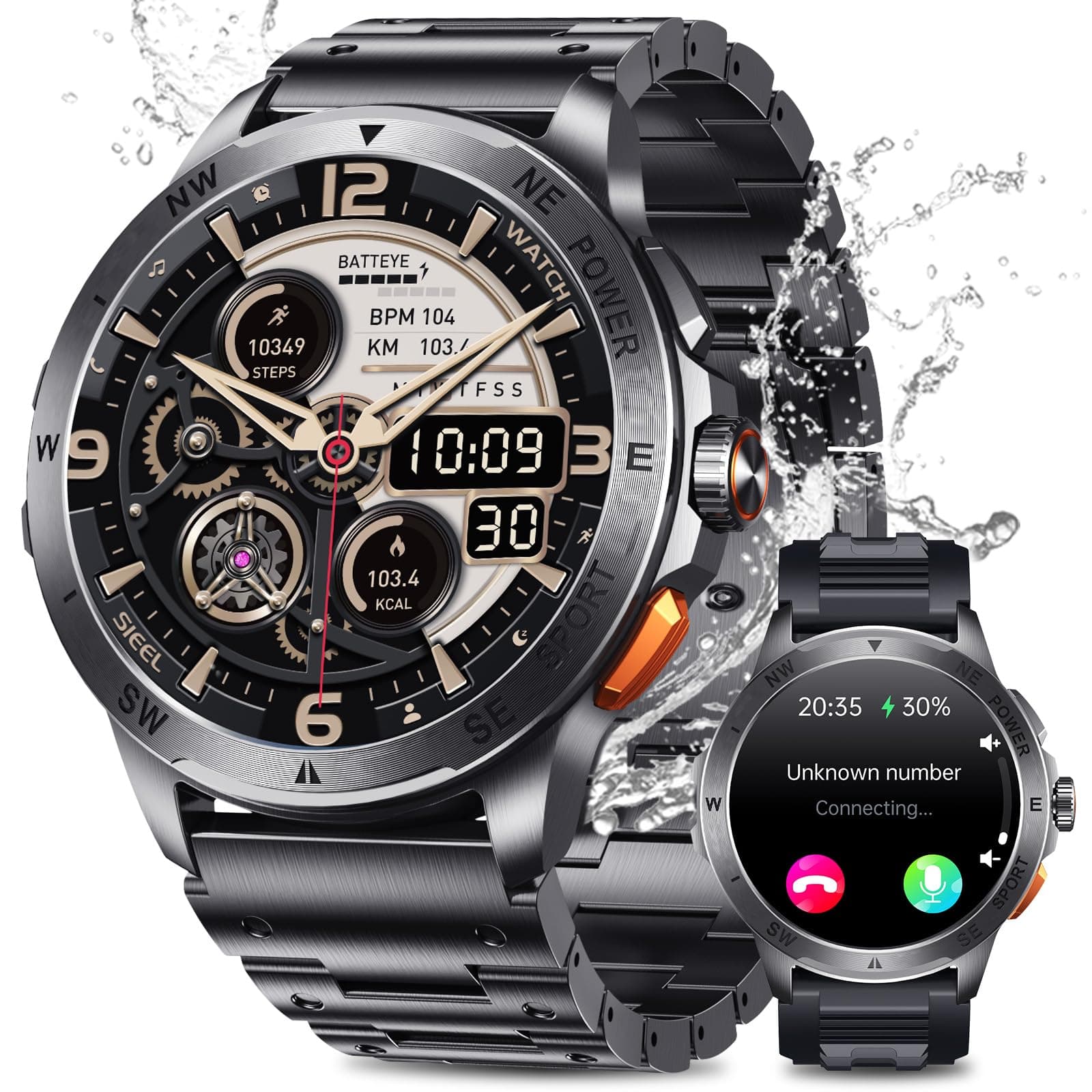 Reloj Inteligente Hombre Militar con ET/HRV/SIRI, 1.43" AMOLED Smartwatch Hombre con Llamadas Bluetooth Pulsómetro SPO2/100+ Modos Deportivos/IP68 Impermeable/Monitor de Sueño/para Android iOS (Acero)
