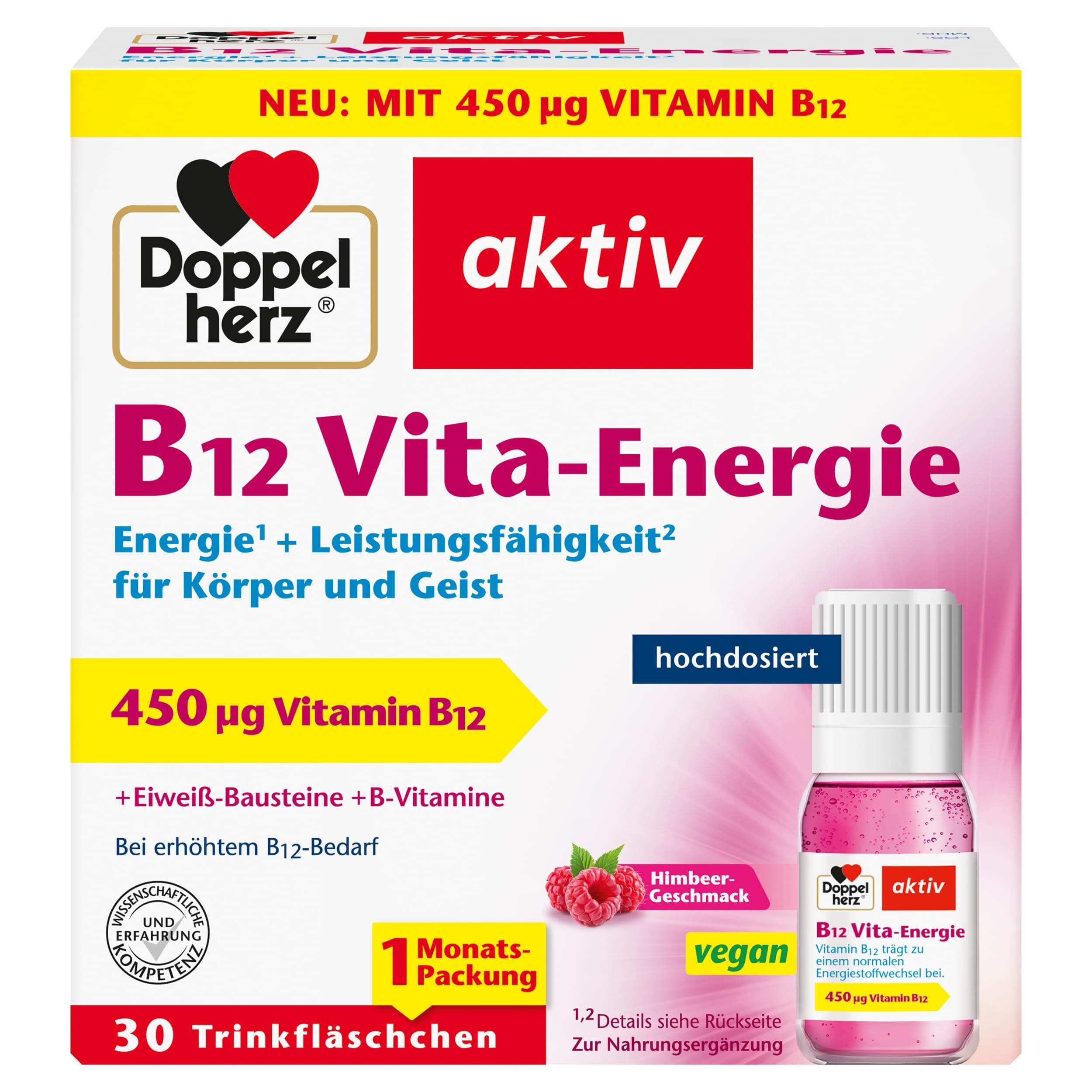 Doppelherz B12 Vita-Energie - Vegan und hochdosiert mit 450 µg Vitamin B12 pro Trinkfläschchen - 30 Trinkfläschchen mit Himbeer-Geschmack