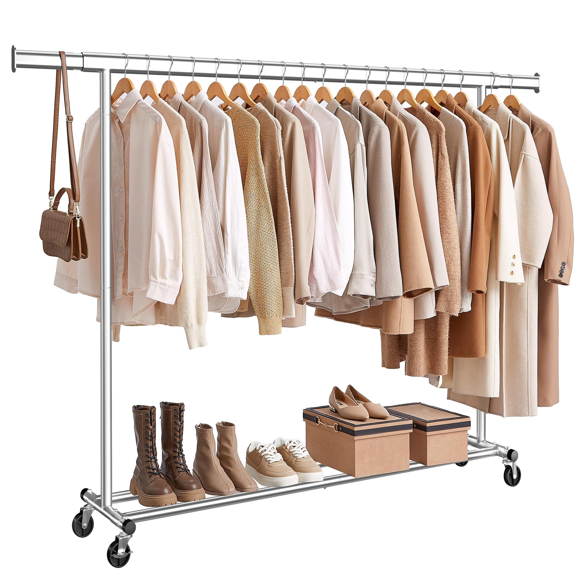 SONGMICS Burro Ropa con Ruedas, Perchero Burro Extensible con Carga Pesada, Capacidad de Carga Máx. de 150 kg, 45 x (160-200) x 161,5 cm, Fácil de Montar, Portátil, Plata HSR175E01