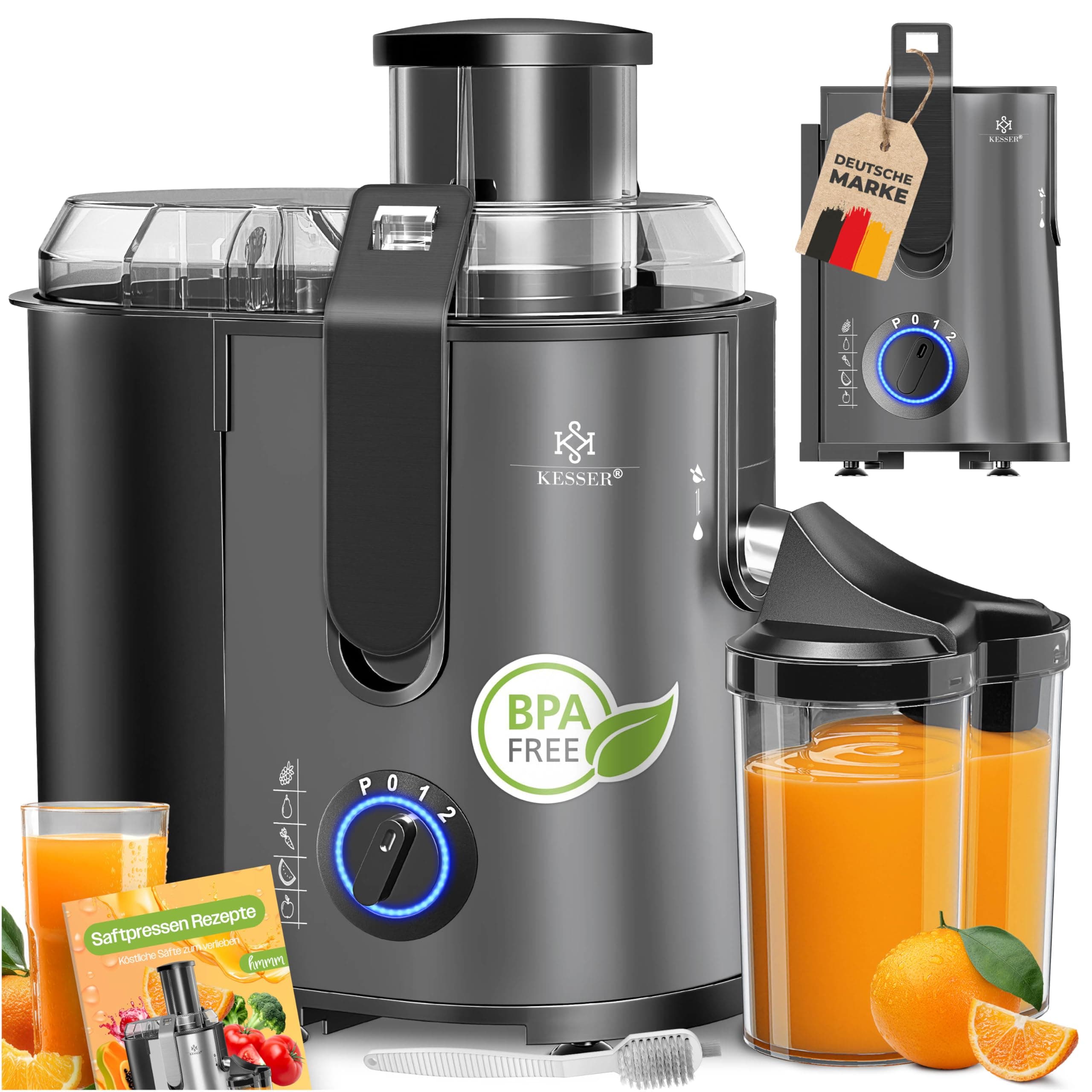 KESSER® Zentrifuge Entsafter für Obst | Gemüse aus Edelstahl 1100W, große Fütterungsröhre, 3 Stufen, Elektrische Zentrifugal Saftpresse Juicer + Bürste, Saftbehälter, Rezeptbuch Anthrazit