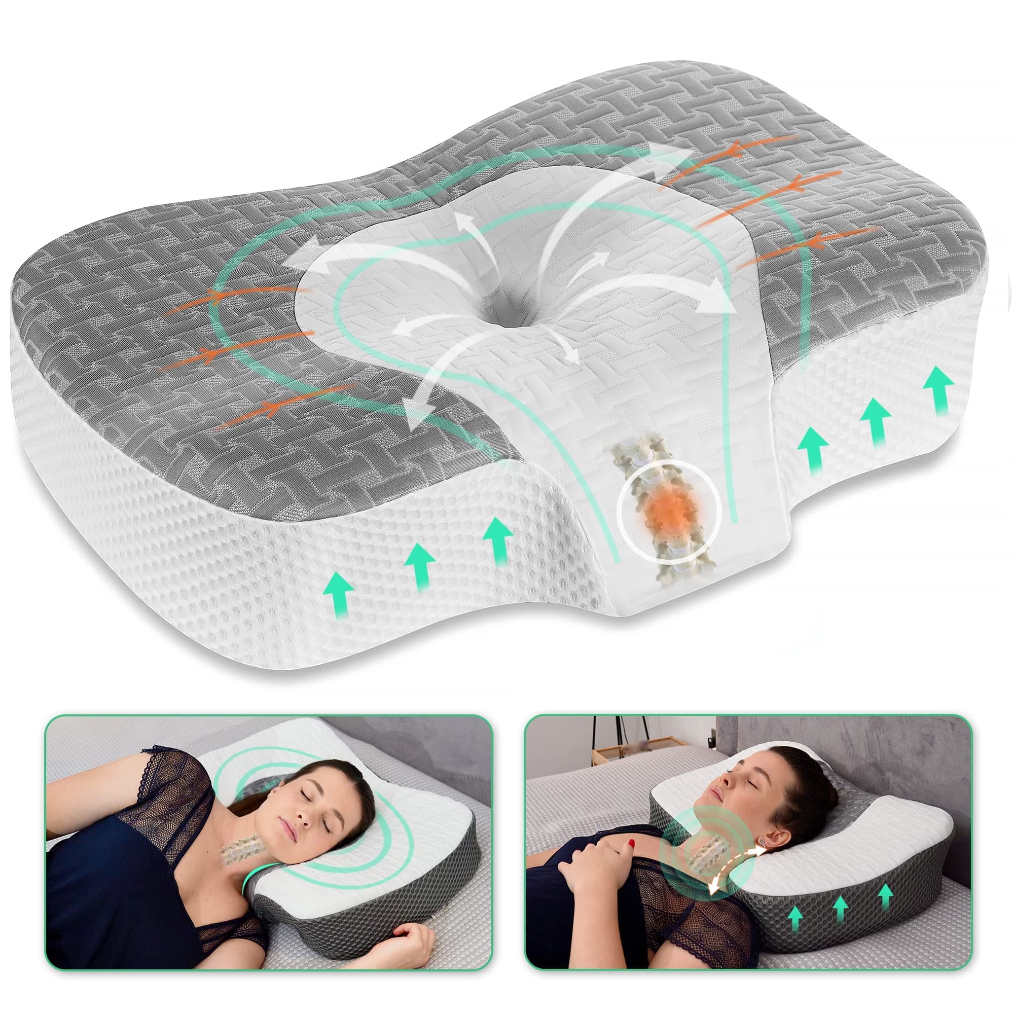 Elviros Cuscino in Memory Foam Ortopedico Cervicale per Dolore al Collo Cuscino Ergonomico per Dolore alla Spalla Cuscino di Sostegno del Collo, Altezza regolabile, 59 x 40.5 x 11.5/13.5 cm, Grigio