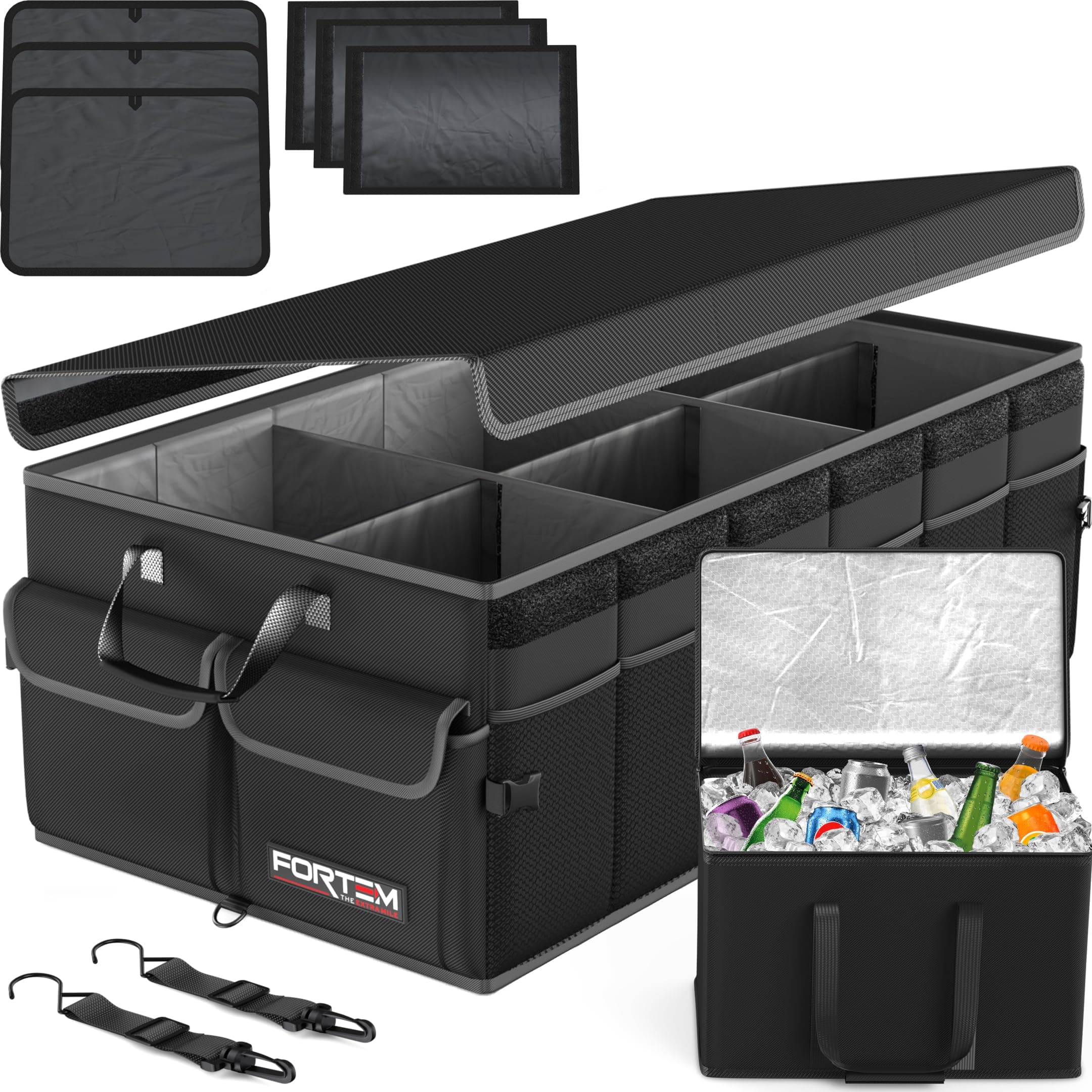 FORTEM Organizador Maletero Coche con Bolsa Térmica, Caja Plegable SUV con Compartimentos, Accesorios Auto Mujer Hombre, Tela Oxford 600D, Base Antideslizante, Correas, Tapa Suave (105L)