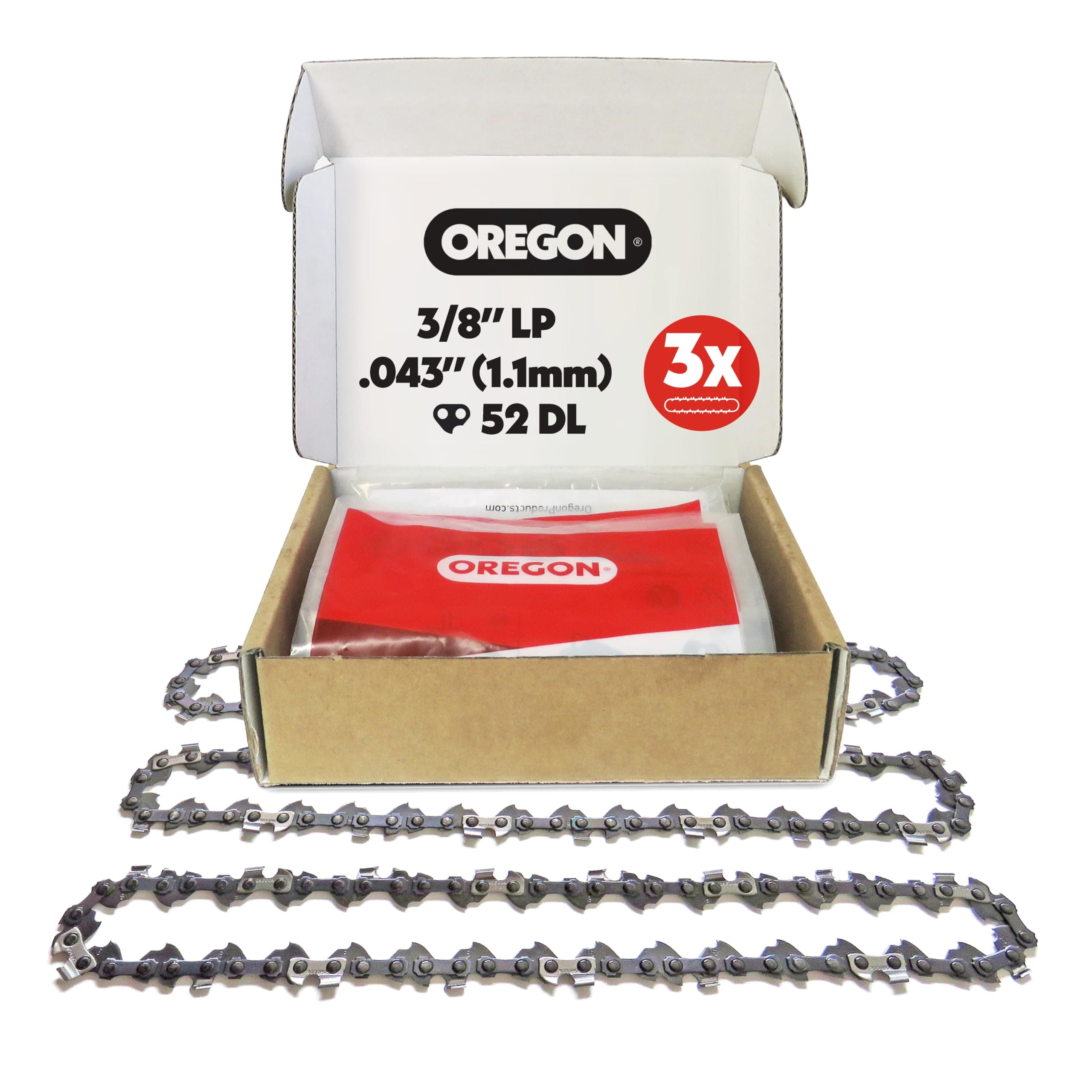 Oregon 3-er Pack Sägekette 3/8 LP Teilung, 0,43 Zoll (1,1 mm) Stärke, für 14 Zoll (35 cm) Führungsschiene, 52 Treibglieder - Geringer Rückschlag Ersatzsägekette für Bosch, Karcher, Husqvarna und mehr