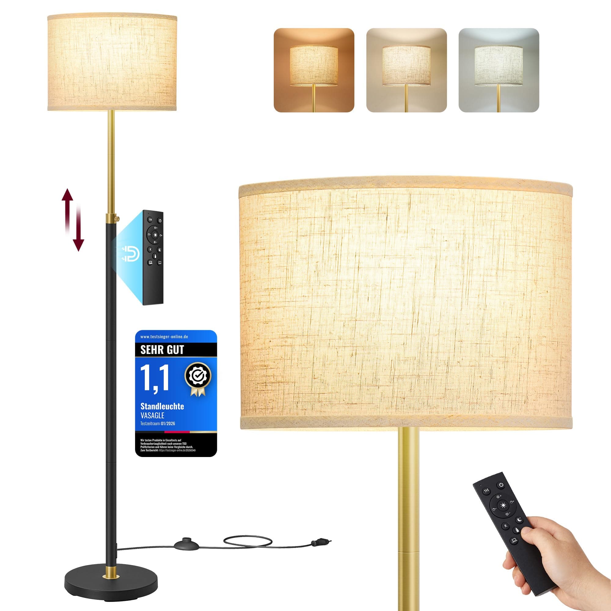 VASAGLE Stehleuchte, Standleuchte, Stehlampe, höhenverstellbar, 140-170 cm hoch, modern, mit Fußtaster, Lampenschirm aus Stoff, E27 Fassung, Fernbedienung, Memory-Funktion, gold-schwarz LFL005BD02