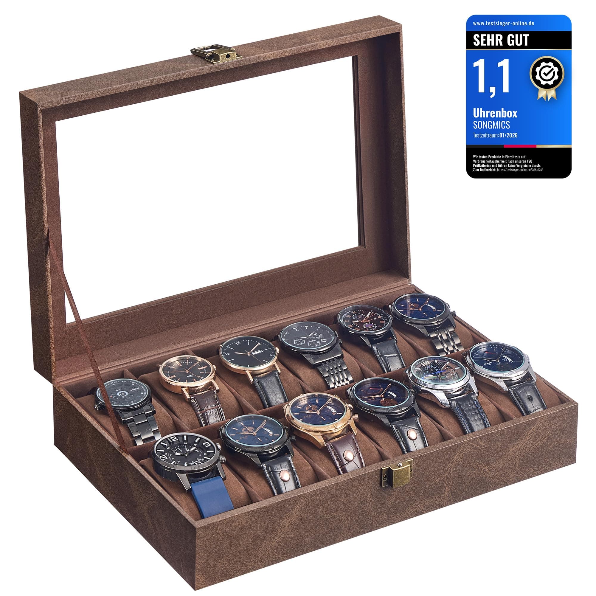 SONGMICS Uhrenbox mit 12 Fächern, Uhrenkasten, Glasdeckel, Uhrenkoffer, herausnehmbare Uhrenkissen, Metallverschluss, Geschenkidee, PU-Bezug in Kaffeebraun, Samtfutter in Kaffeebraun JWB120KQ02