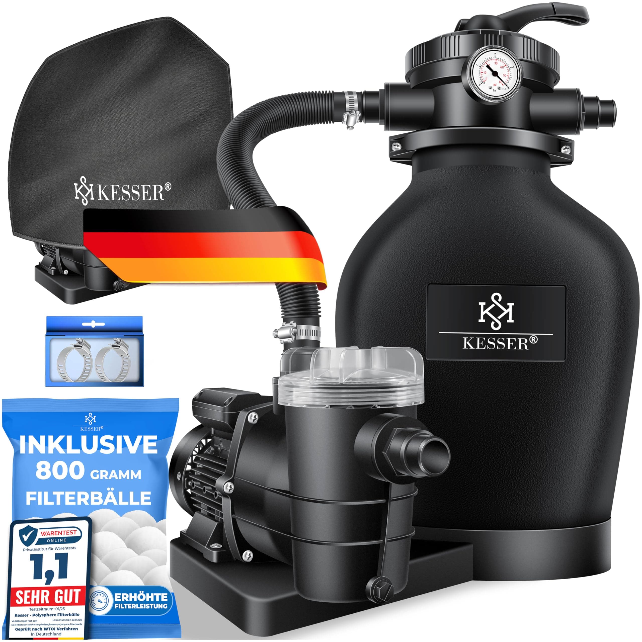 KESSER® Sandfilteranlage Sandfilter+800g Filterbälle ersetzen 25kg Filtersand 7-Wege Ventil mit Druckanzeige Poolfilter 10 m³/h Filteranlage Filterkessel für Pool 10.200 L/h, Inkl. Wettercover,Schwarz