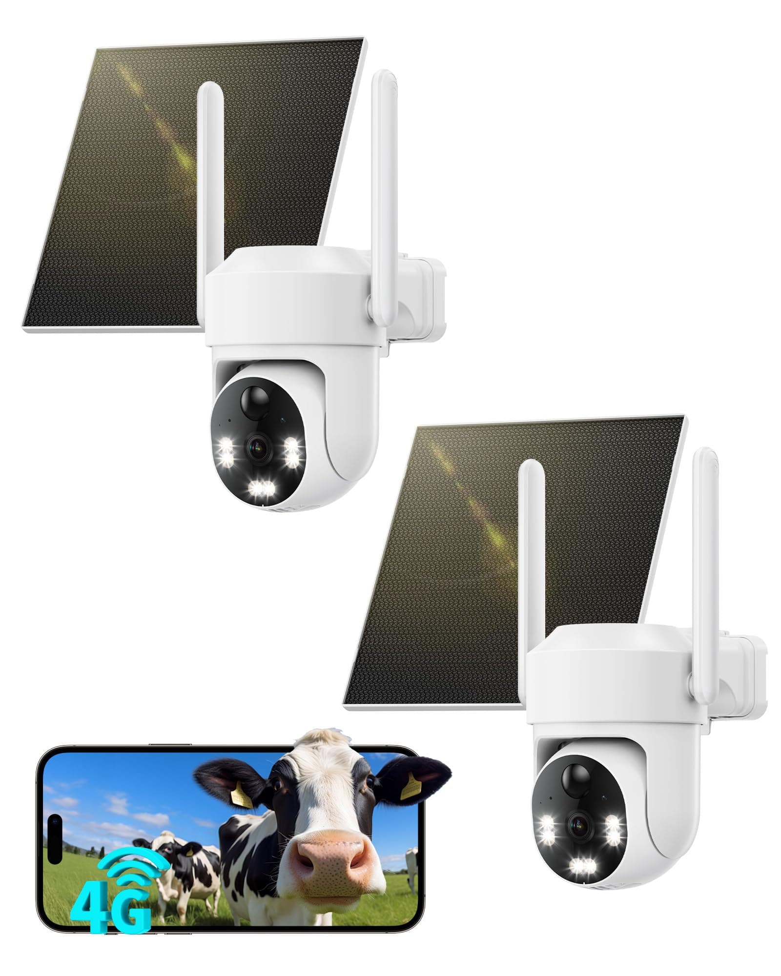 SEHMUA 4G LTE Camara Vigilancia Exterior con Panel Solar, 2K PTZ 355°/100° Camara Vigilancia con Tarjeta Sim sin WiFi, Detección Humana PIR, Color Visión Nocturna, IP66, Audio de Dos Vías, 2 Unidad