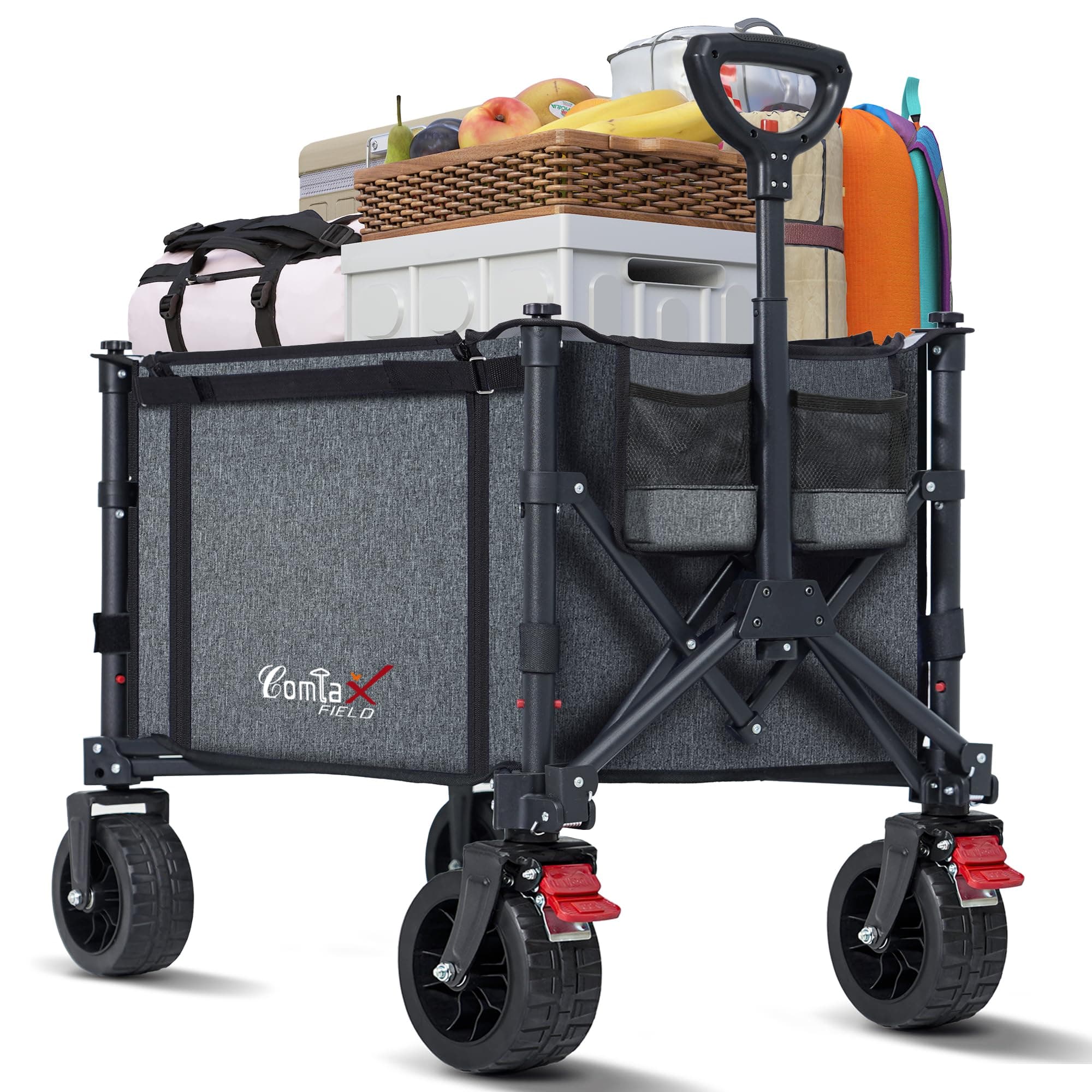 COMLAX FIELD Chariot à main pliable avec grandes roues tout-terrain, 120 L, 100 kg, chariot pliable avec freins, chariot de plage pour plage, jardin, camping, shopping, gris