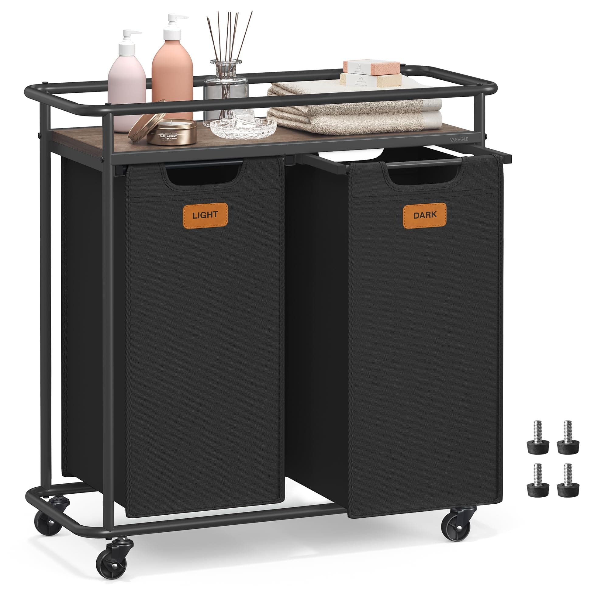 VASAGLE Wäschesammler mit Rollen, Wäschekorb 2 Fächer, 100 L, Wäschesortierer mit Ablage, Wäschewagen, abnehmbare Taschen, 6 Etiketten, Waschküche, tintenschwarz-aschbraun BLH102BH01