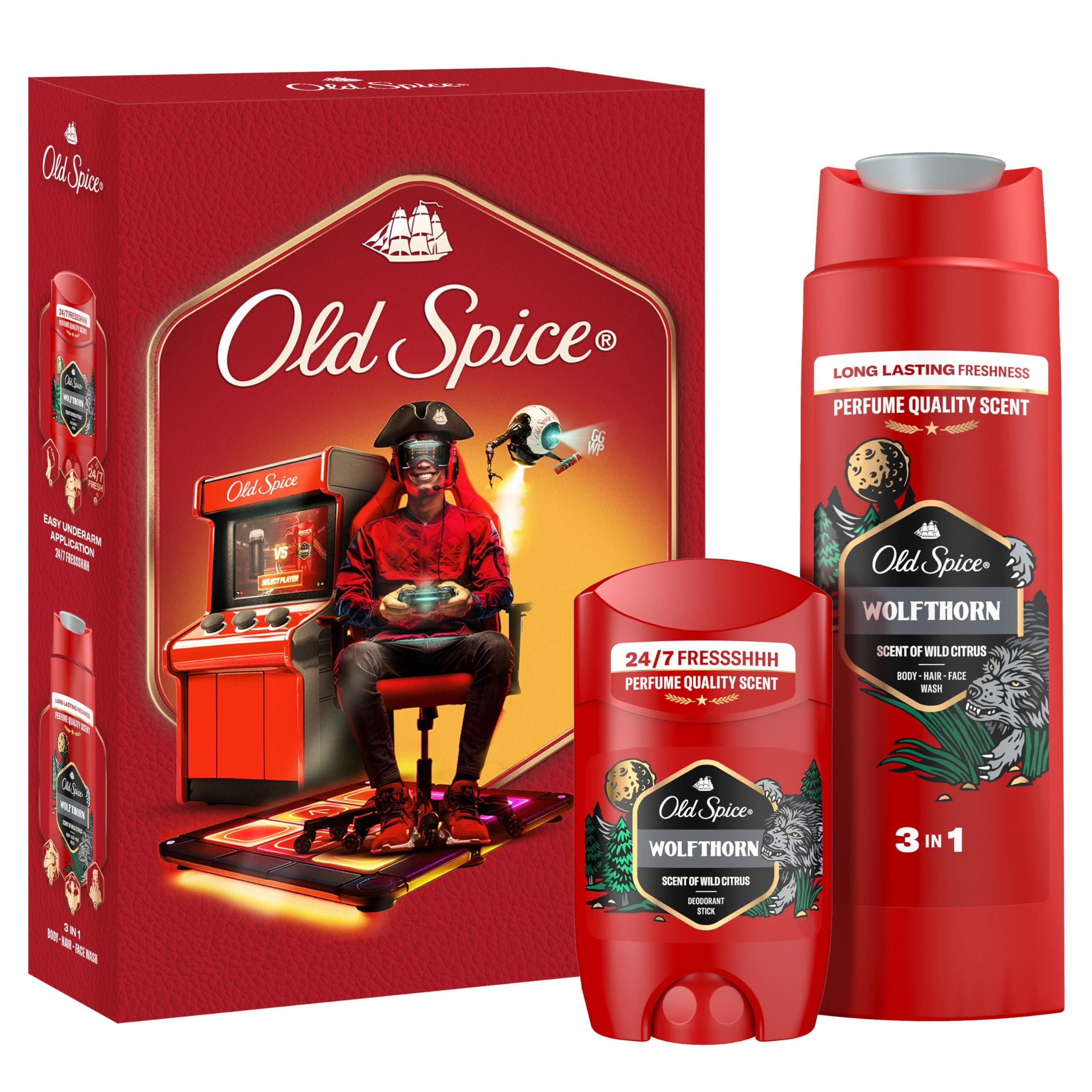 Old Spice Gamer Geschenkset für Männer mit Wolfthorn Deostick und Duschgel, 24/7 Frischhh bei täglicher Anwendung, langanhaltender Duft in Parfumqualität