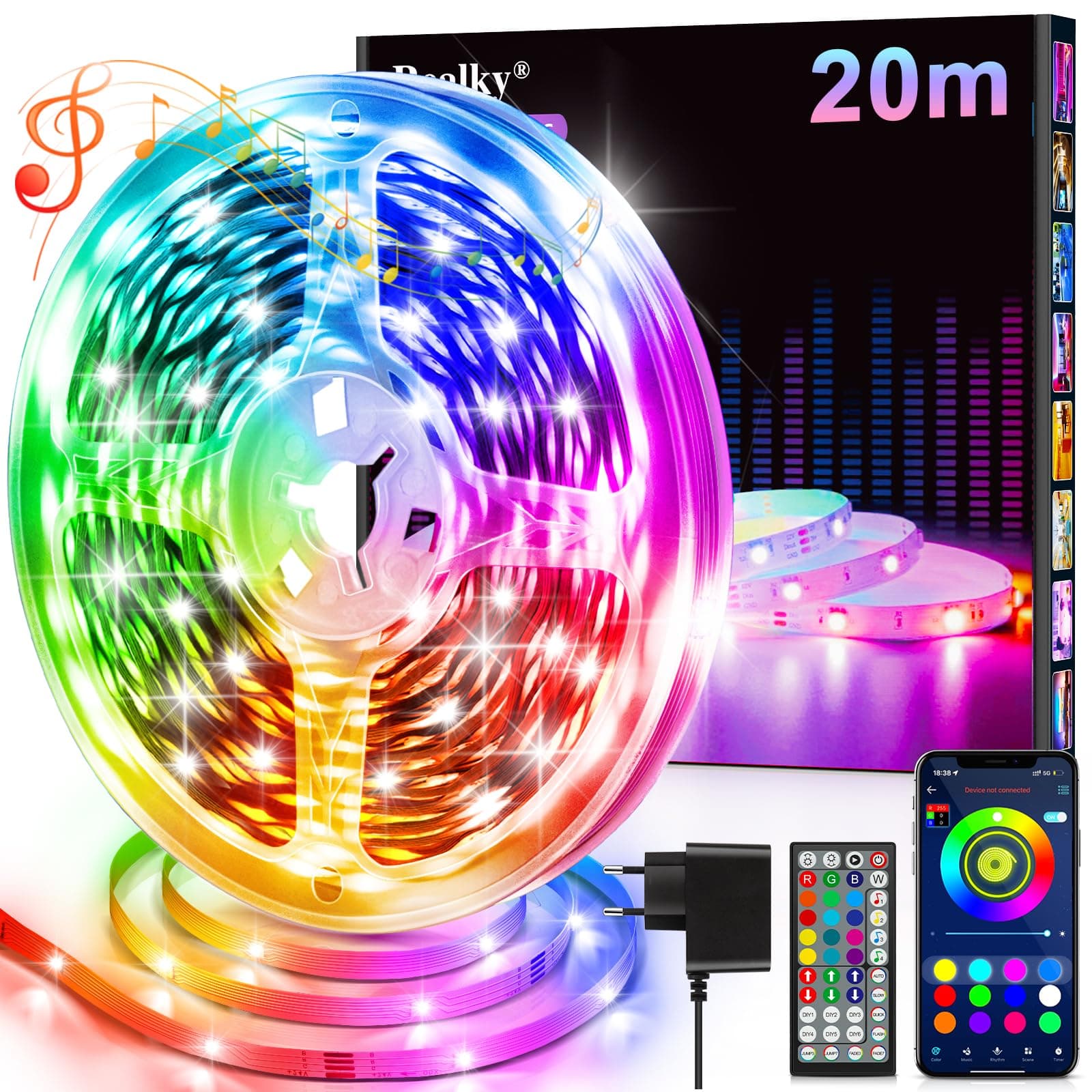 Realky Striscia LED, 20M RGB Luci Camera da Letto, Bluetooth APP Controllato Multicolor Strisce LED, Fancy Led Strip LED Musica Sincronizza per Decorare Scale, Festa, Cucina Casa, Gaming Room