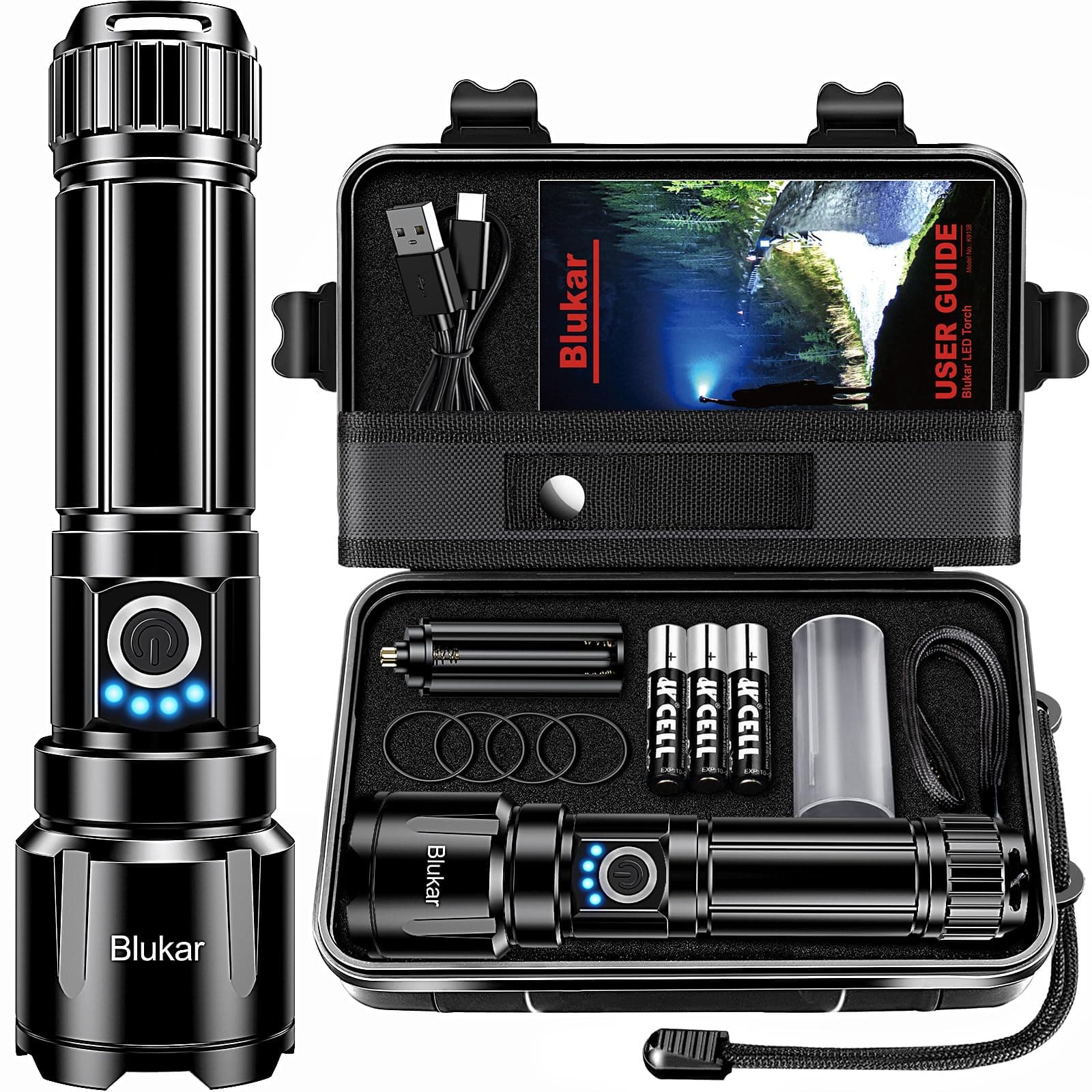 Blukar Torcia LED Potente Professionale, Ultra Alto Lumen Super Luminoso Zoomabile Torcia Alta Potenza, Ricaricabile, 5 Modalità, IP67 Impermeabile Flashlight per Campeggio/Pesca/Emergenza/Trekking