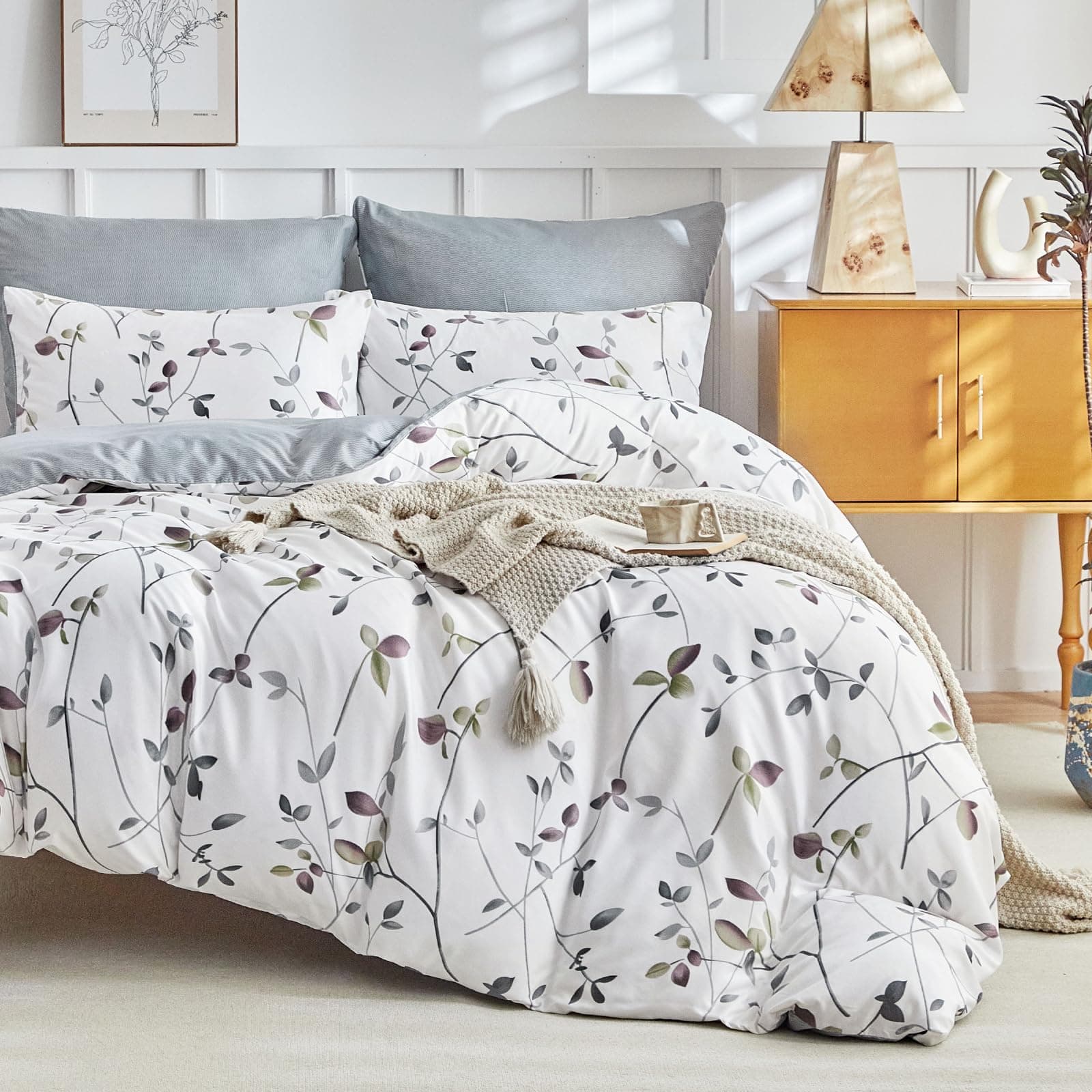 Tokokimo Funda Nordica Cama 180, Funda Nórdica 240x260，Funda Edredon con Ramas y Hojas Patrón Microfibra 3 Piezas Compuesto por 1 Funda Nórdica 240x260 + 2 Fundas de Almohada 65x65, Blanco/Gris