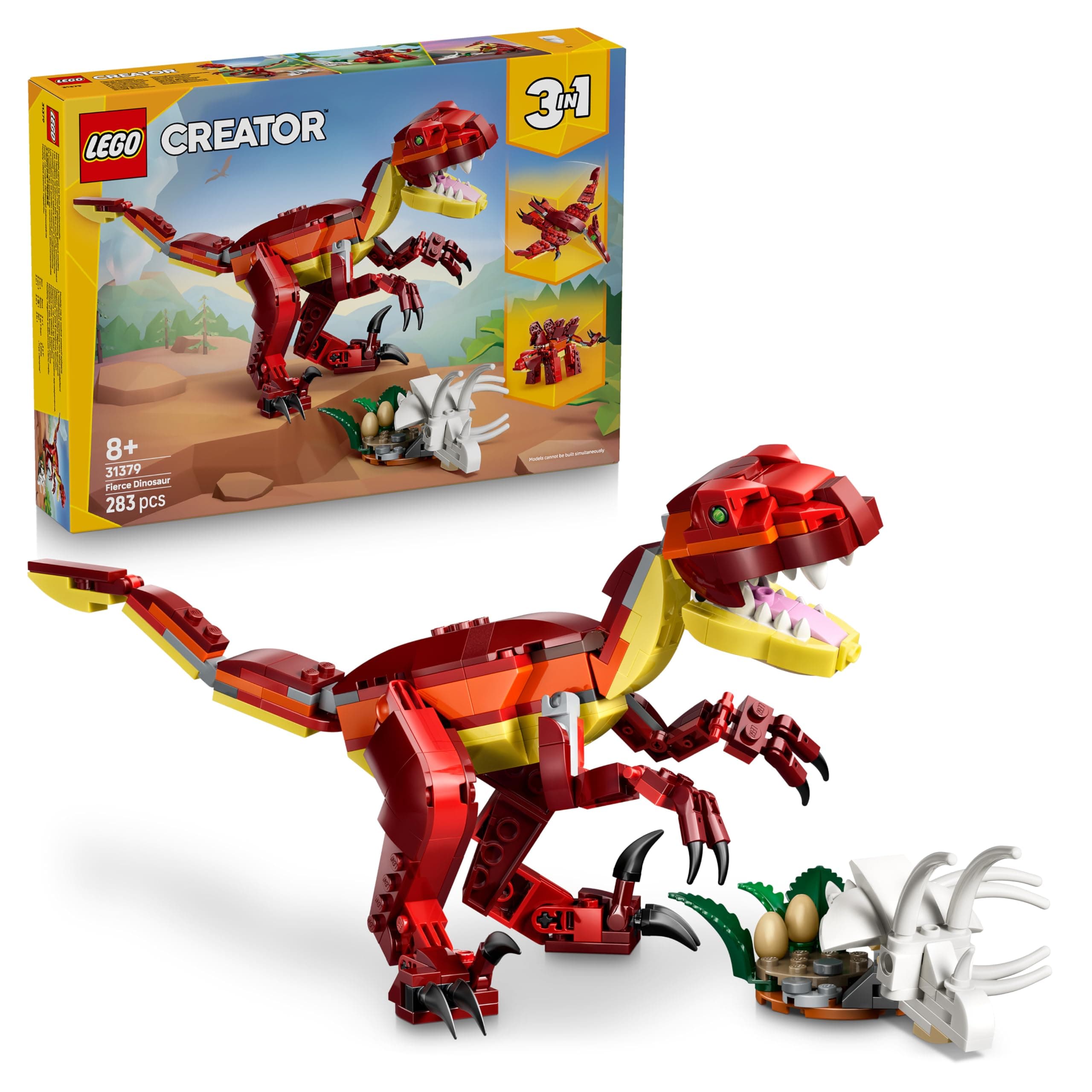 LEGO Creator 3in1 Fierce Dinosaur Toy - Build Velociraptor, Stegosaurus or Pterosaur Dino Figures w/Skeleton & Sharp Teeth Elements - Cool Birthday Gift Idea for 8+ Year Old Boys & Girls - 31379