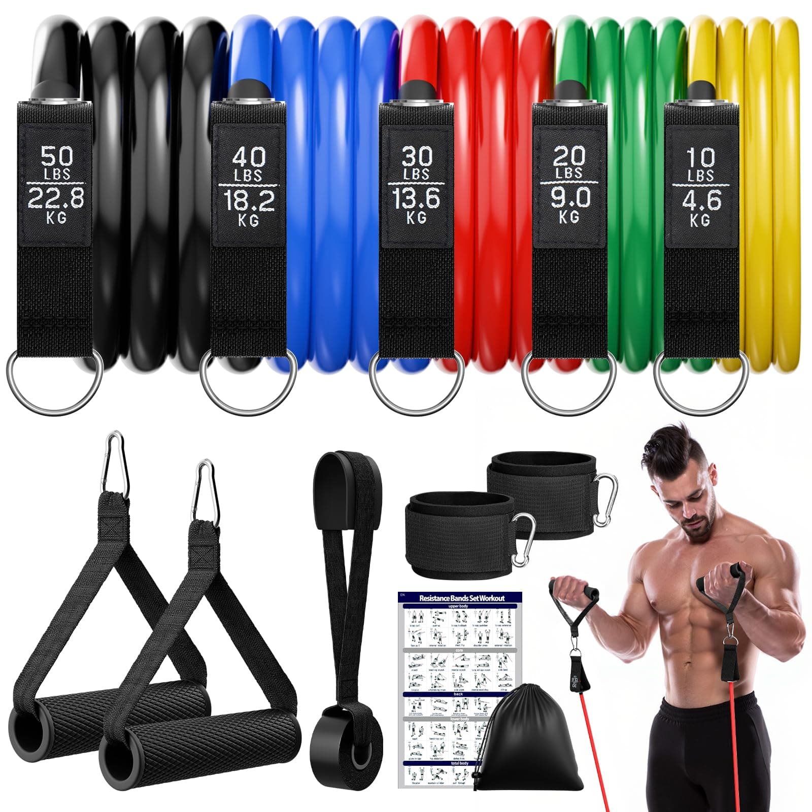 Fokky Elastici Fitness,5 Livelli di Bande Elastiche Fitness Con Maniglie, Cinturino Alla Caviglia, Elastico Palestra Elastiche Fitness Set per Yoga, Pilates, Costruzione Muscolare