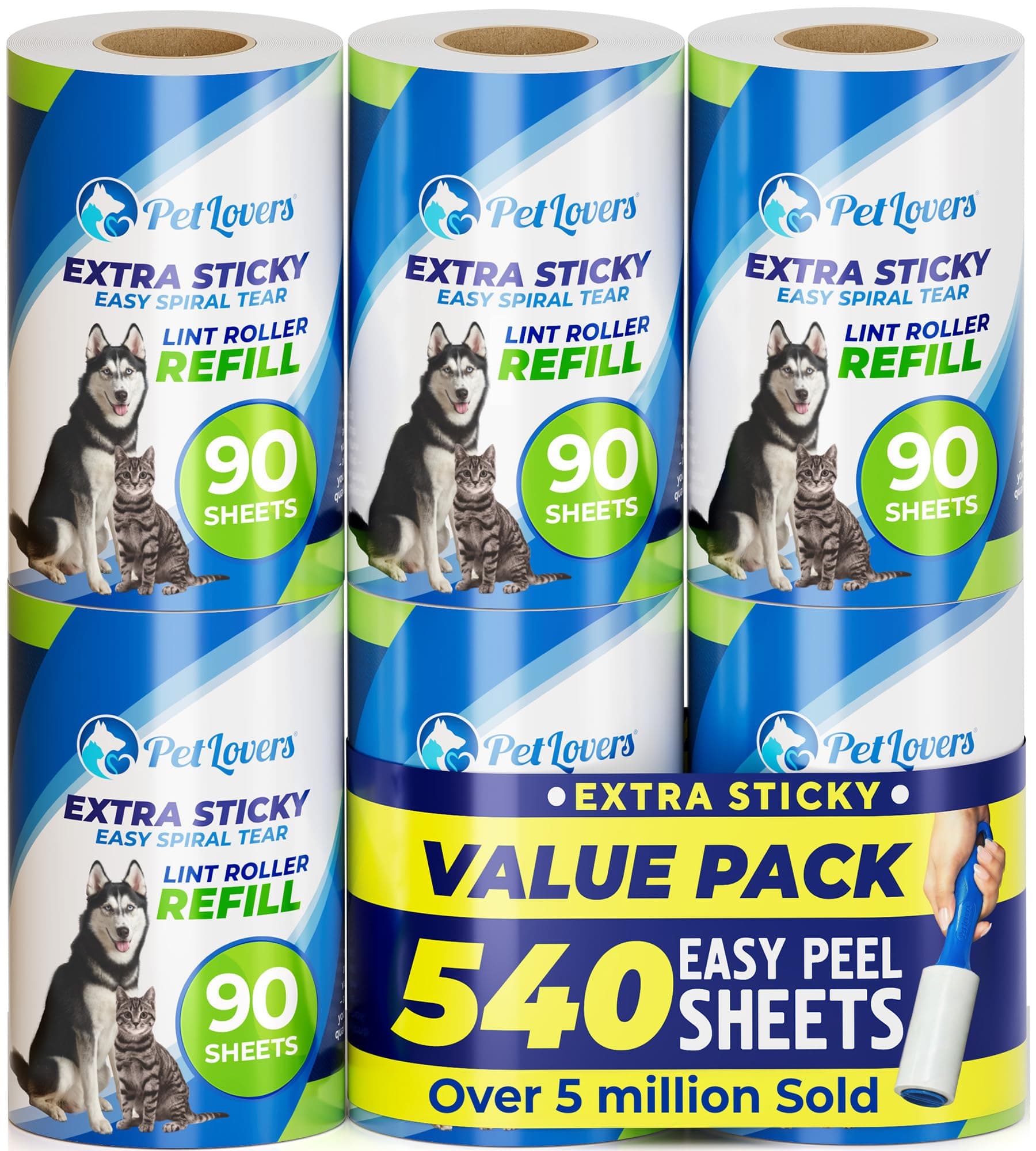 PetLovers ricariche sticky mega value extra 540 fogli per rimozione peli di animali domestici rimozione di lanugine per cani e gatti 6 ricariche