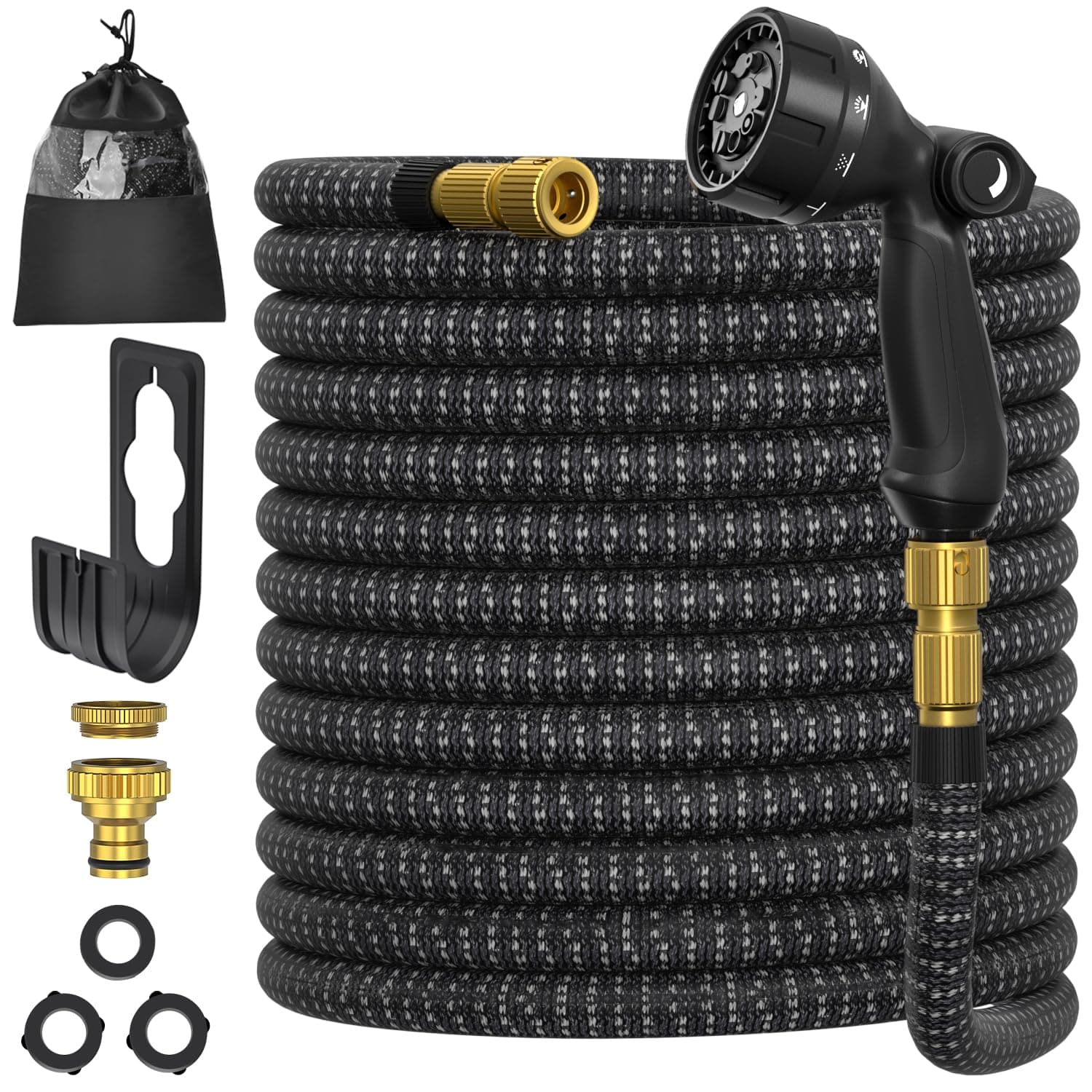 Tuyau d'arrosage 30m, ULTTY Tuyau d’arrosage Extensible avec 1/2" et 3/4" (19mm et 13mm) Adaptateurs, 10 Modes d'Arrosage, Latex Triple Épaisseur Durable avec Raccords en Laiton et Sac, Noir