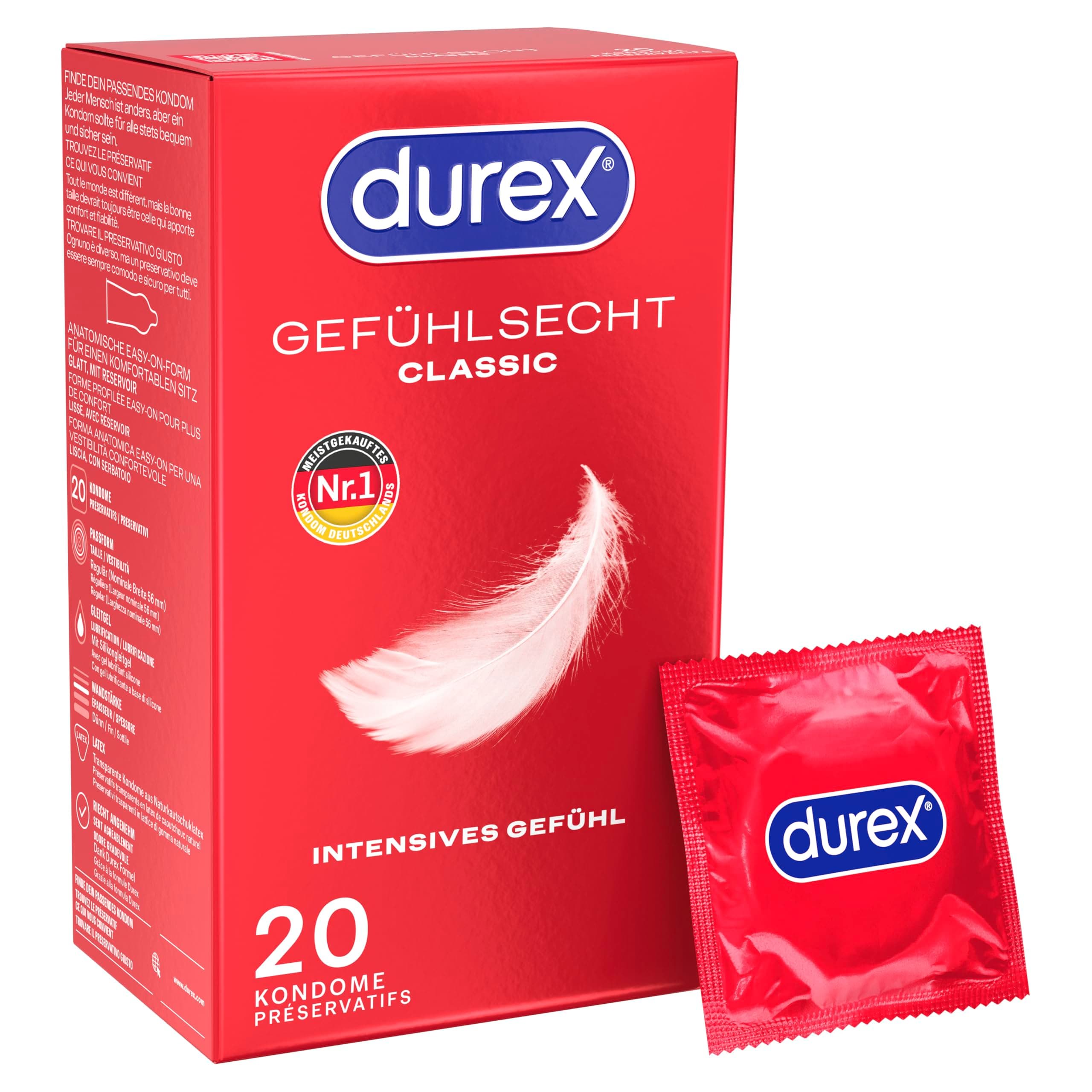 Durex Gefühlsecht Classic Kondome - Perfekter Sitz & leichtes Abrollen mit zuverlässigem Schutz - Hauchzarte, dünne, befeuchtete, transparente Kondome mit angenehmem Geruch - 20er Pack (1 x 20 Stück)