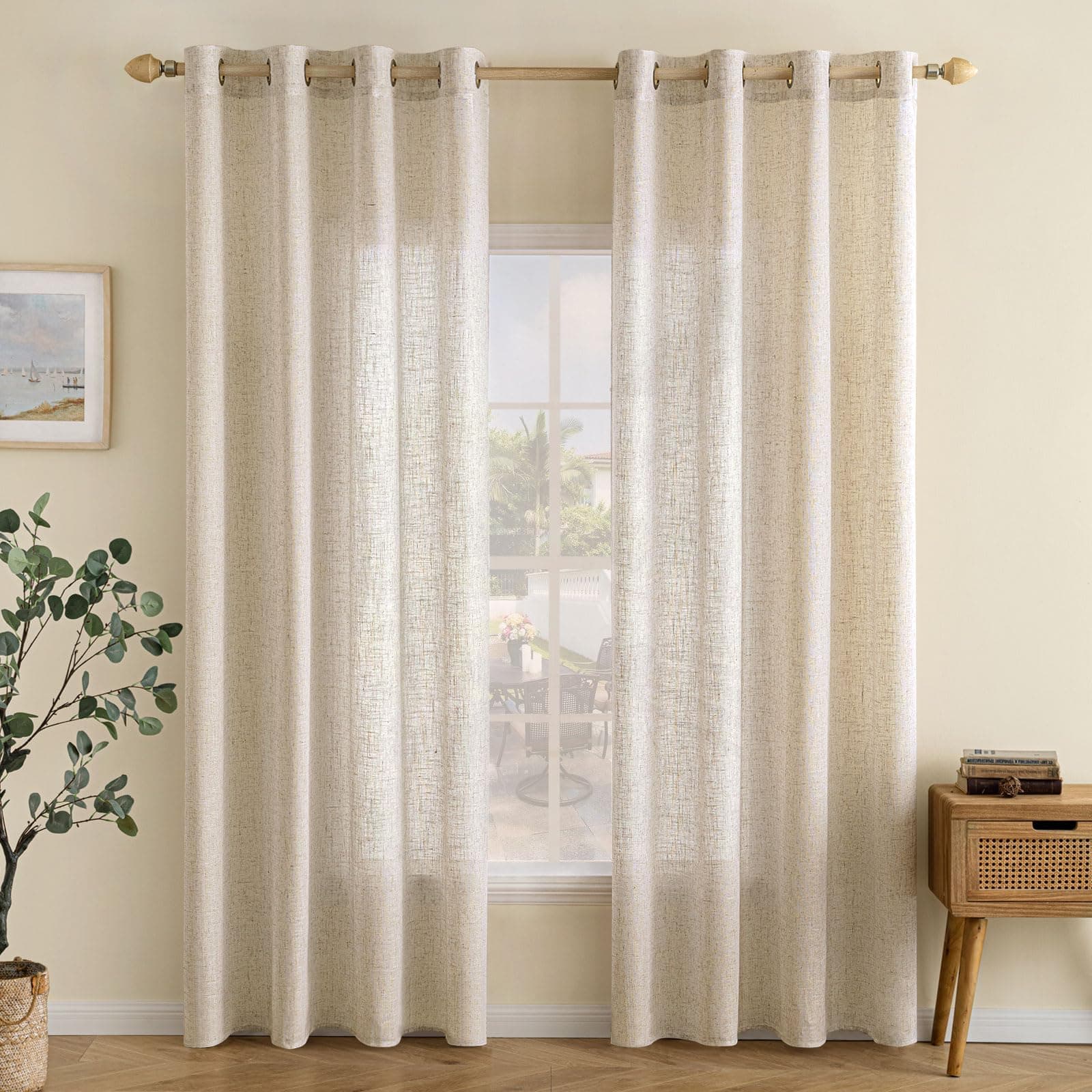 EMEMA Cortinas de lino con ojales, cortina de voile con aspecto de lino, moderna, semitransparente, para salón, habitación infantil, juego de 2 unidades, 140 x 235 cm (ancho x alto), color blanco