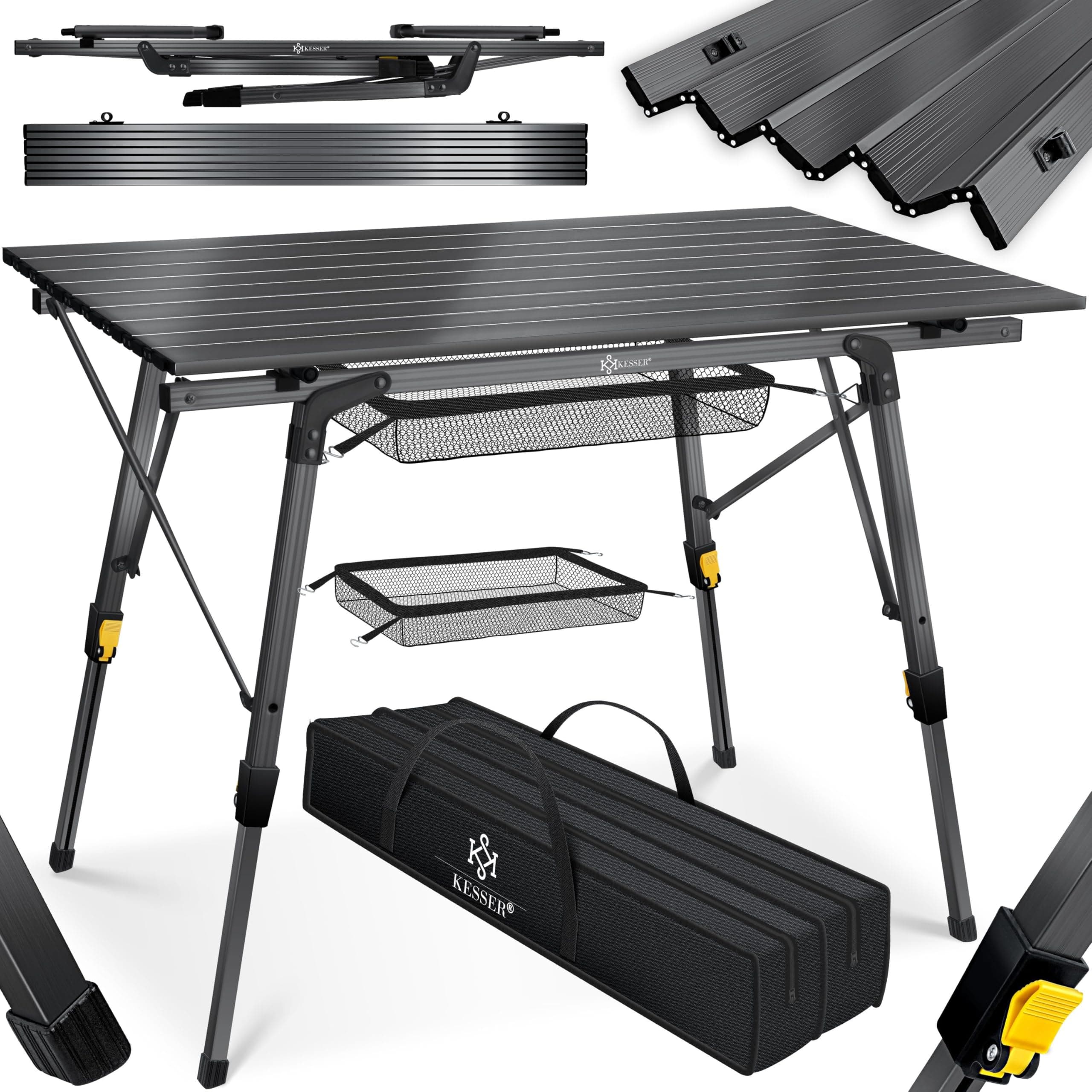 KESSER® Campingtisch faltbar Klapptisch mit Aluminiumrahmen Aufrollbare Tischplatte Falttisch klappbar Höhenverstellung 90x53cm - bis 100kg inkl. Tragetasche mit Trageband & Netztasche, Anthrazit
