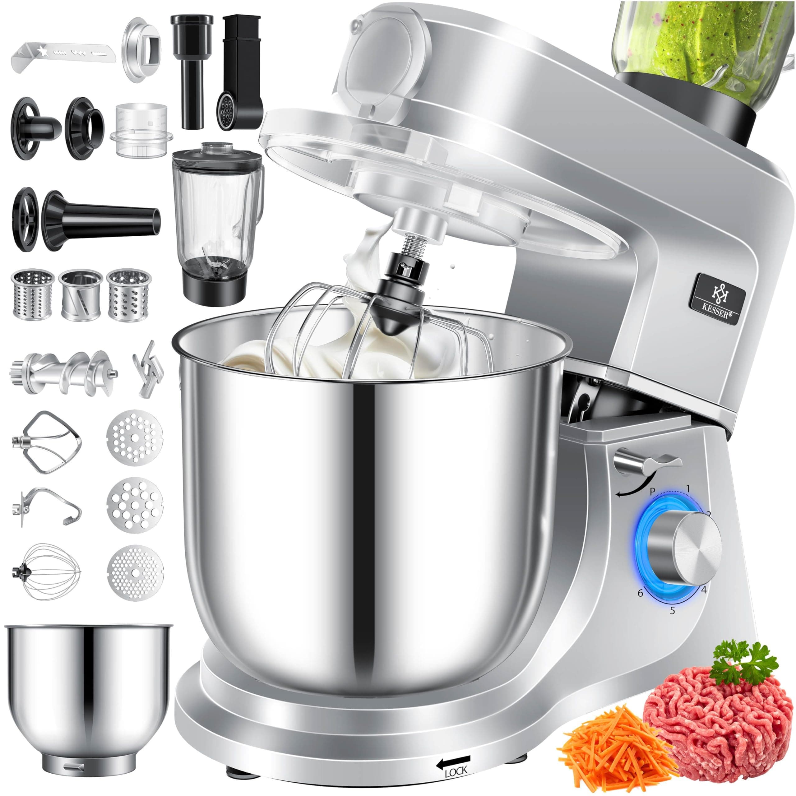 KESSER® Küchenmaschine 3in1 mit Fleischwolf & Mixer, 1500W Knetmaschine 5,5L Rührschüssel + Spritzschutz, 6 Geschwindigkeiten, Knethaken, Schneebesen, Rührhaken & Raspeln, Backen & Kochen, Silber