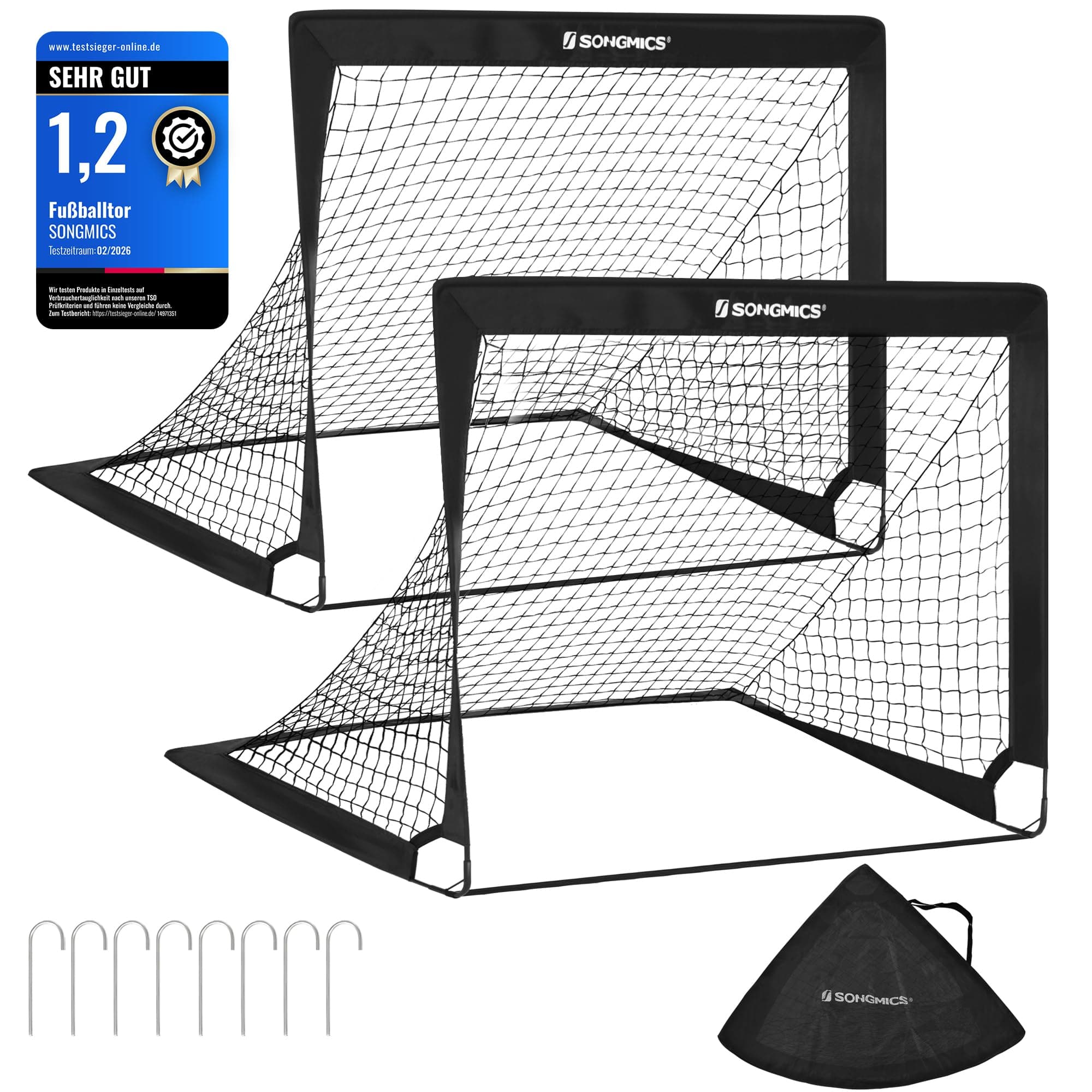 SONGMICS Fußballtor Kinder, 2er Set, Pop-up Tor, 90 x 120 x 90 cm, schneller Aufbau, für Garten, Park, Strand, Haltestangen aus Glasfaserstäben, Oxford-Gewebe und Polyesternetz