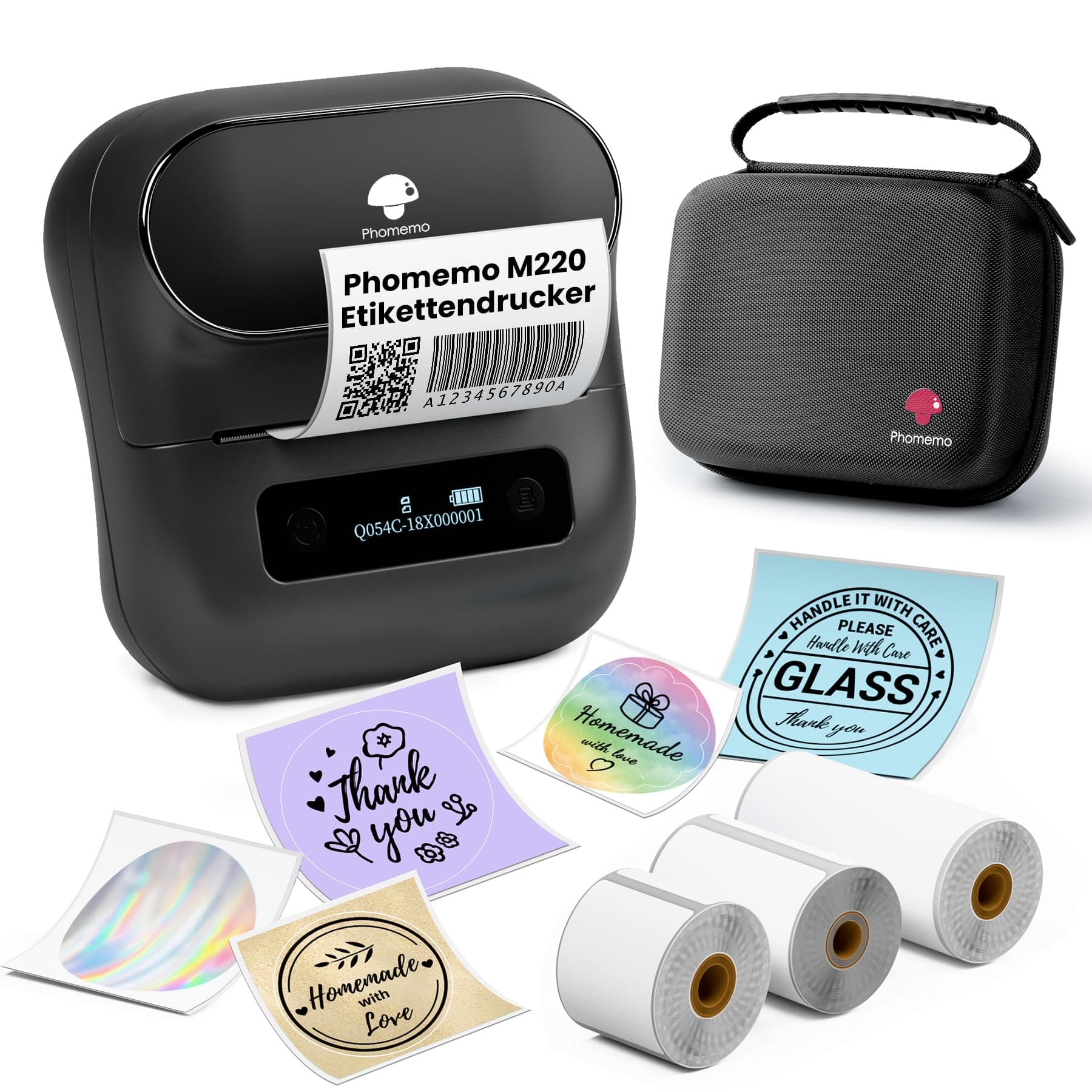 Phomemo M220 Etikettendrucker, Bluetooth Thermo Etikettenmacher,Tragbarer Etikettiergerät für Kleinunternehmen,Haushalt,Schule,Aufkleber Drucker mit 3 Rollen Selbstklebend Etiketten und 1 Etui