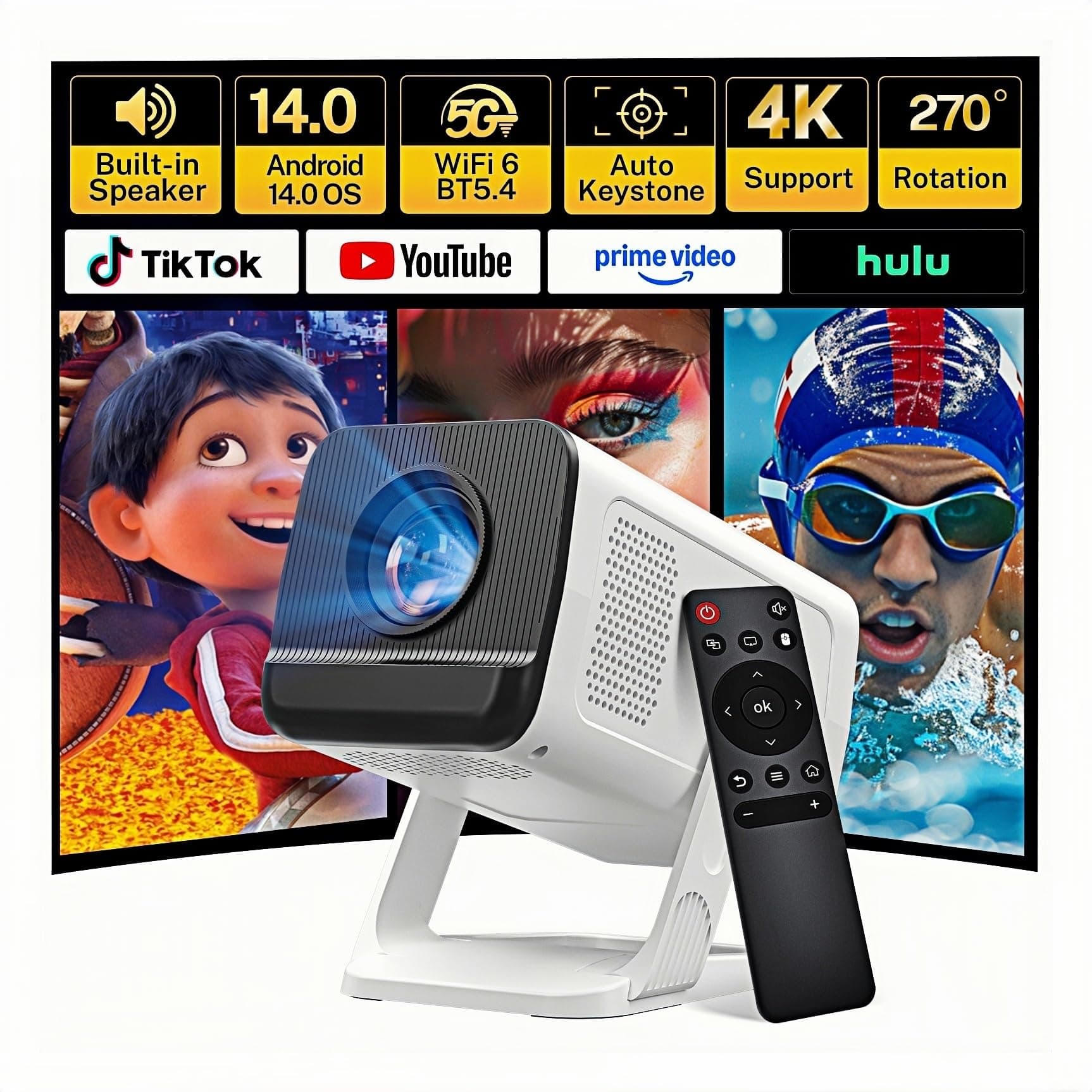 [Apps Integradas & Android 14] Mini Proyector con 5G WiFi 6 Bluetooth 5.4, Soporte 4K 1080P, Auto Keystone, 270° Rotable Projector Portátil Compatibile con HDMI/TV Stick/Laptop/USB/iOS LYNCAST