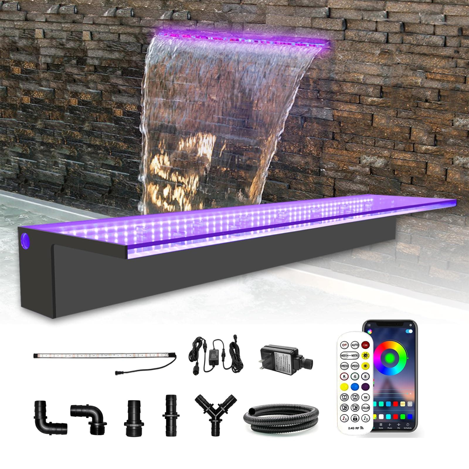 LONGRUN App Bluetooth contrôle Acryl Pool Fountain, 90cm Pond Waterfall Cascade, Waterfall Blade with 7 Colors LED Light, Complete Waterfall & Stream Kits for Outdoor Water Features