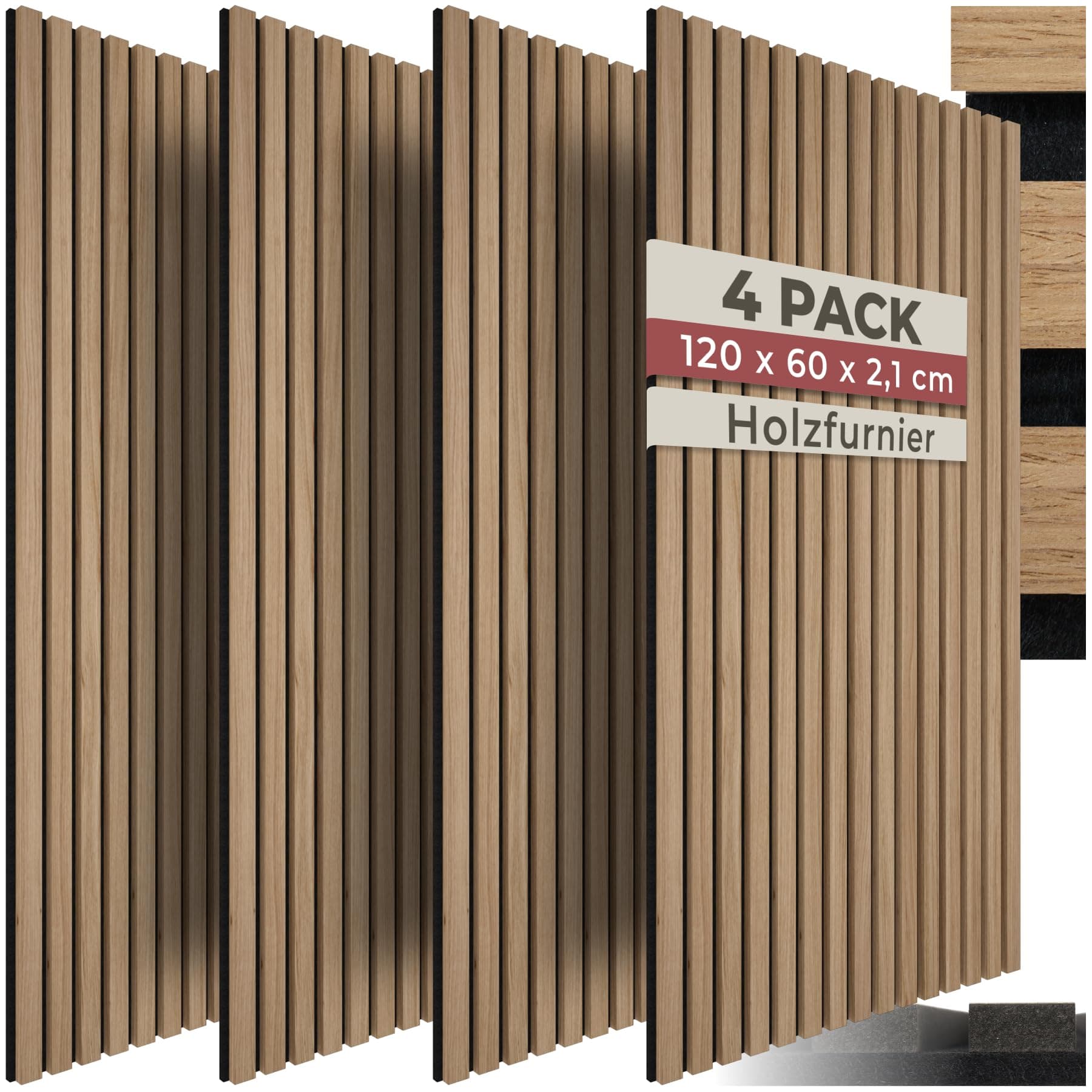 tectake® 3D Akustikpaneele 120 x 60 x 2,1 cm, Holz Optik Paneele, Wandpaneele in Holzoptik als Schallabsorber, Panels für Wohnzimmer, Küche, Wandverkleidung, Schallschutz - Eiche, 4er Set