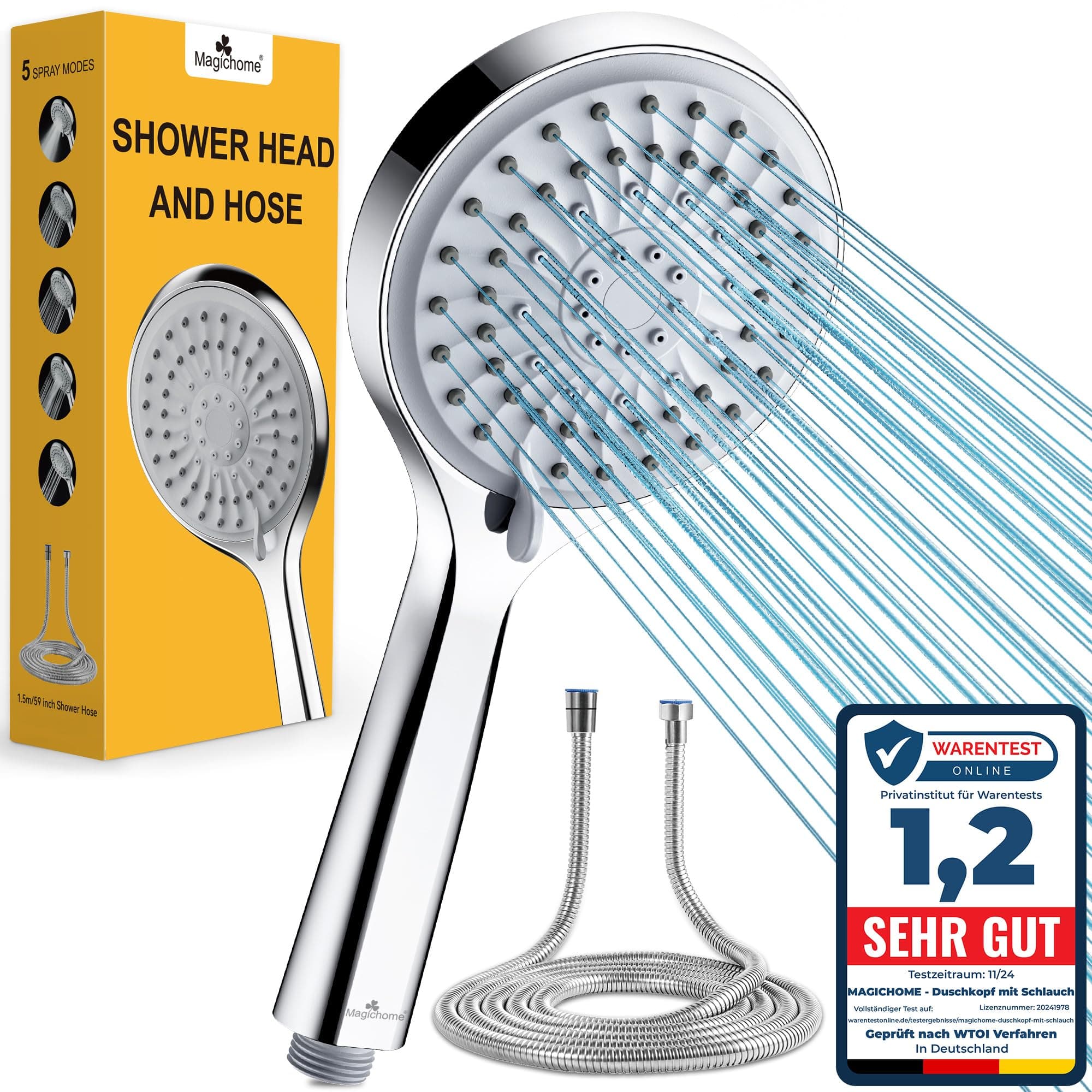 Magichome Cabezal de ducha de alta presión y manguera, cabezal de ducha de 5 modos de pulverización con manguera de 1,5 m, cabezal de ducha de mano grande y potente para baja presión de agua