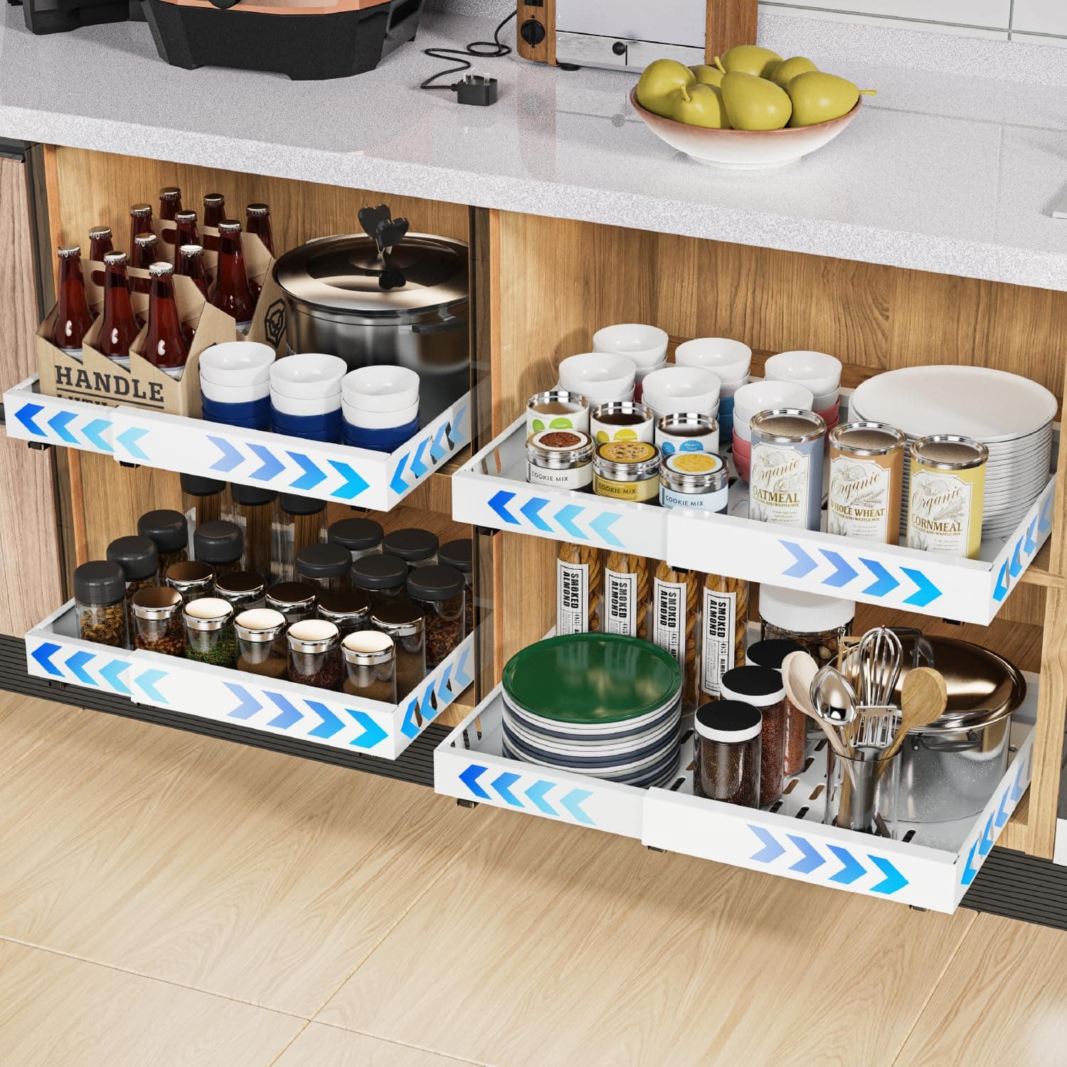 iHomara - Juego de 4 organizadores de armario extensibles con superficie adhesiva, 43 cm de profundidad para armarios de cocina, ancho ajustable de 32 a 53 cm, blanco