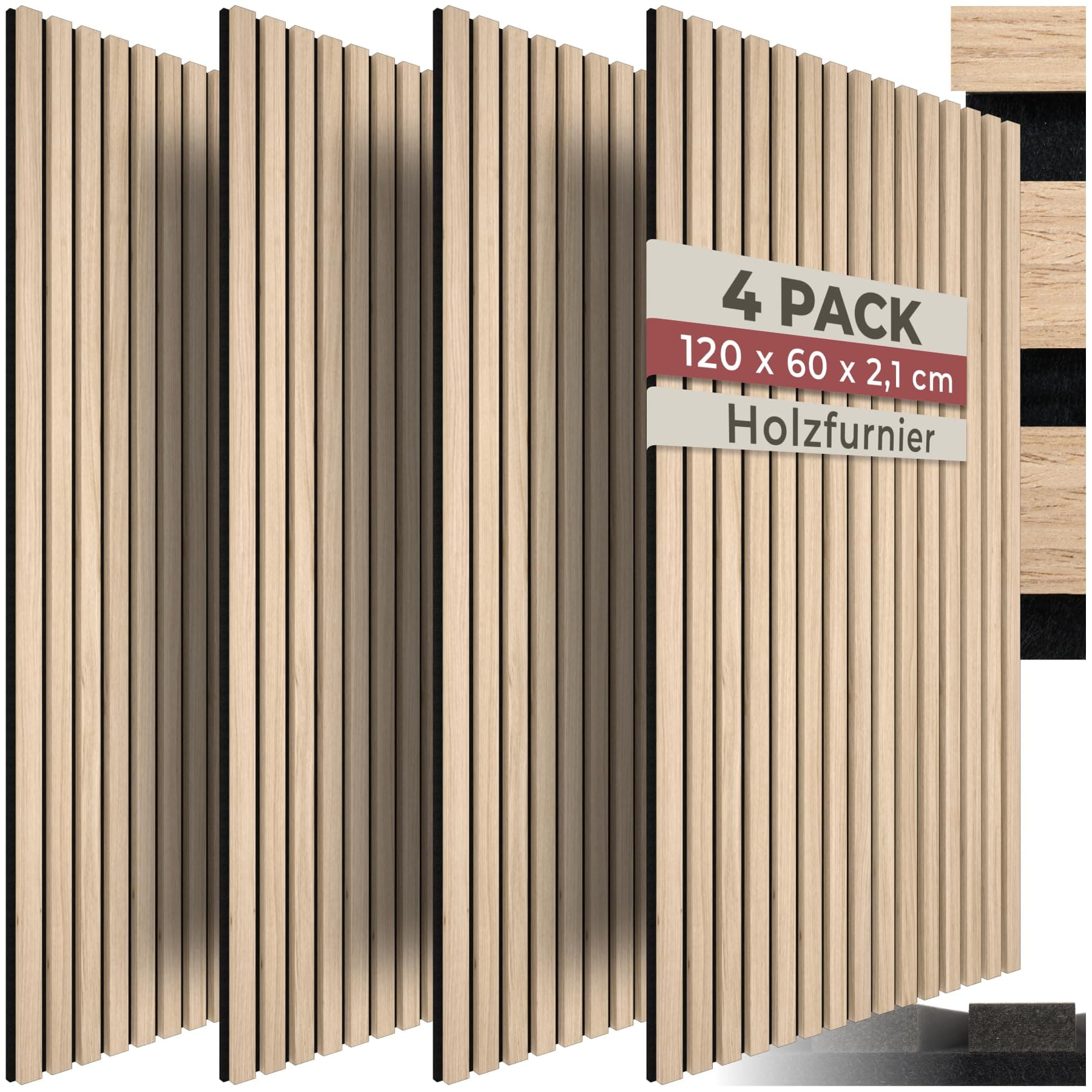 tectake® 3D Akustikpaneele 120 x 60 x 2,1 cm, Holz Optik Paneele, Wandpaneele in Holzoptik als Schallabsorber, Panels für Wohnzimmer, Küche, Wandverkleidung, Schallschutz - Eiche hell, 4er Set