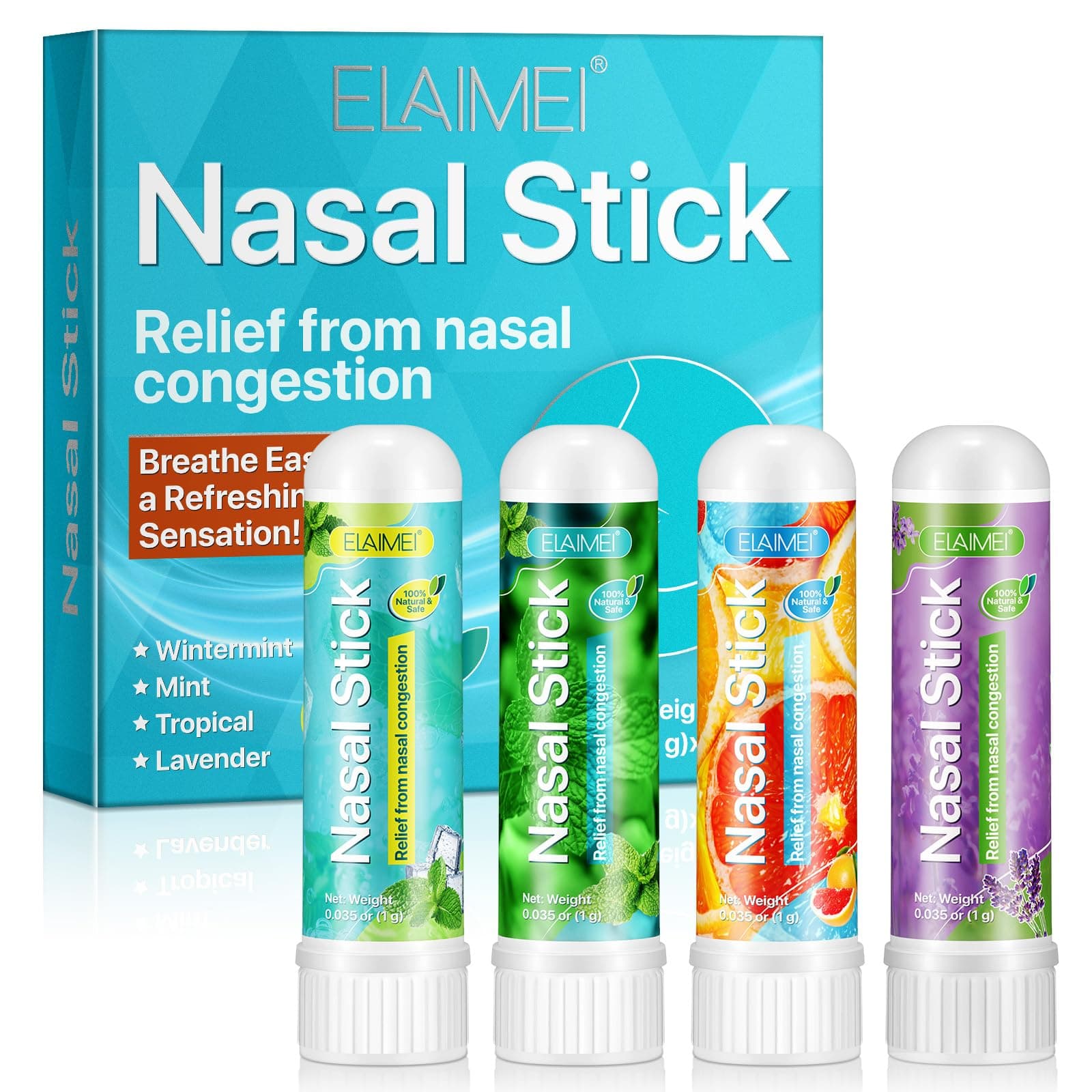 Nasal Stick 4 Pack, Alivio Rápido de la Congestión Nasal, Mejora la Respiración, Haciéndola Fresca y Clara, Inhalador Terapéutico Natural, Aromaterapia, Hecho con Aceites Esenciales y Mentol