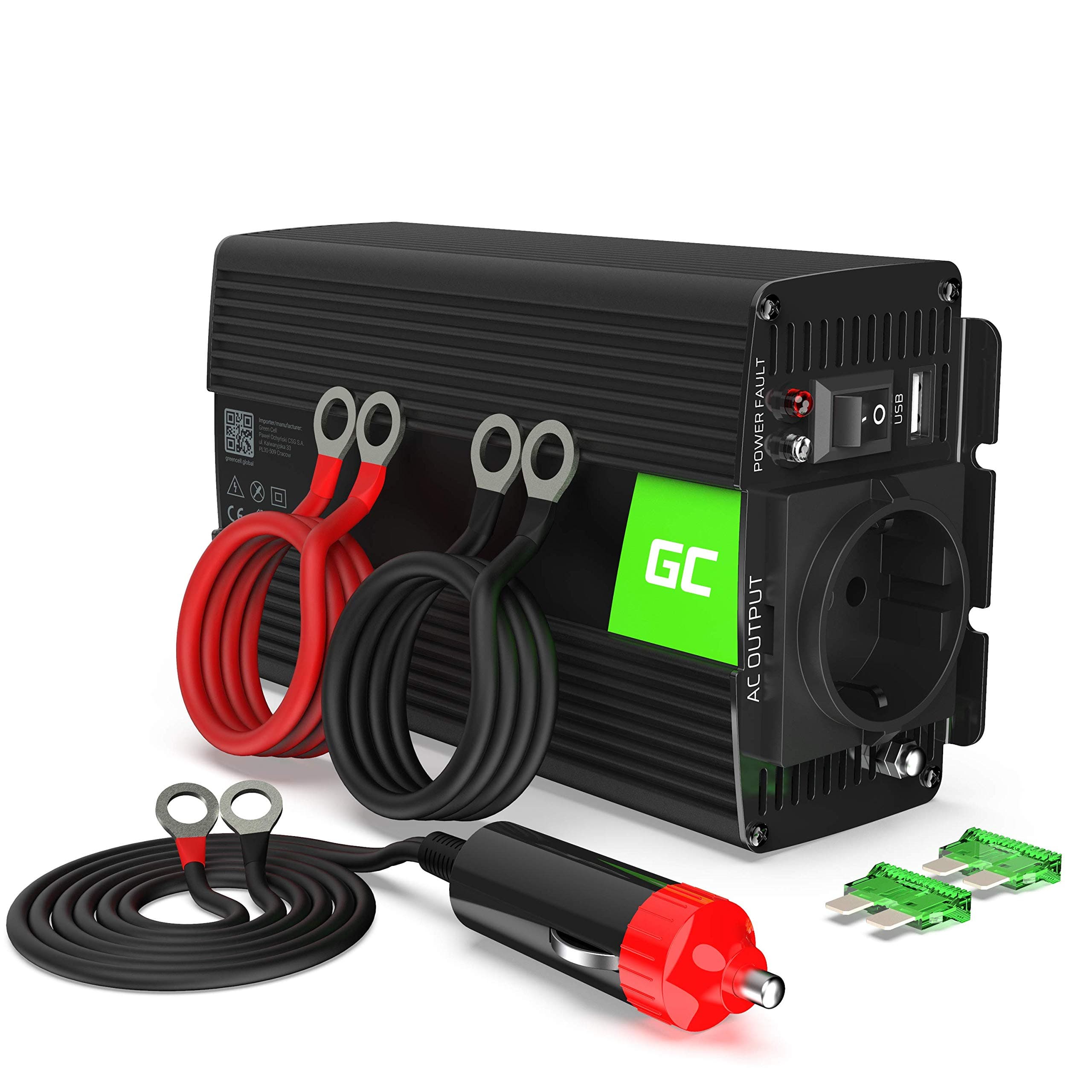 Green Cell® 500W/1000W 12V a 220V/230V Onda sinusoidal modificada Inversor de Corriente DC AC Power Inverter Transformador de Voltaje para Coche Camion con Puerto USB y Pinzas de conexión a batería