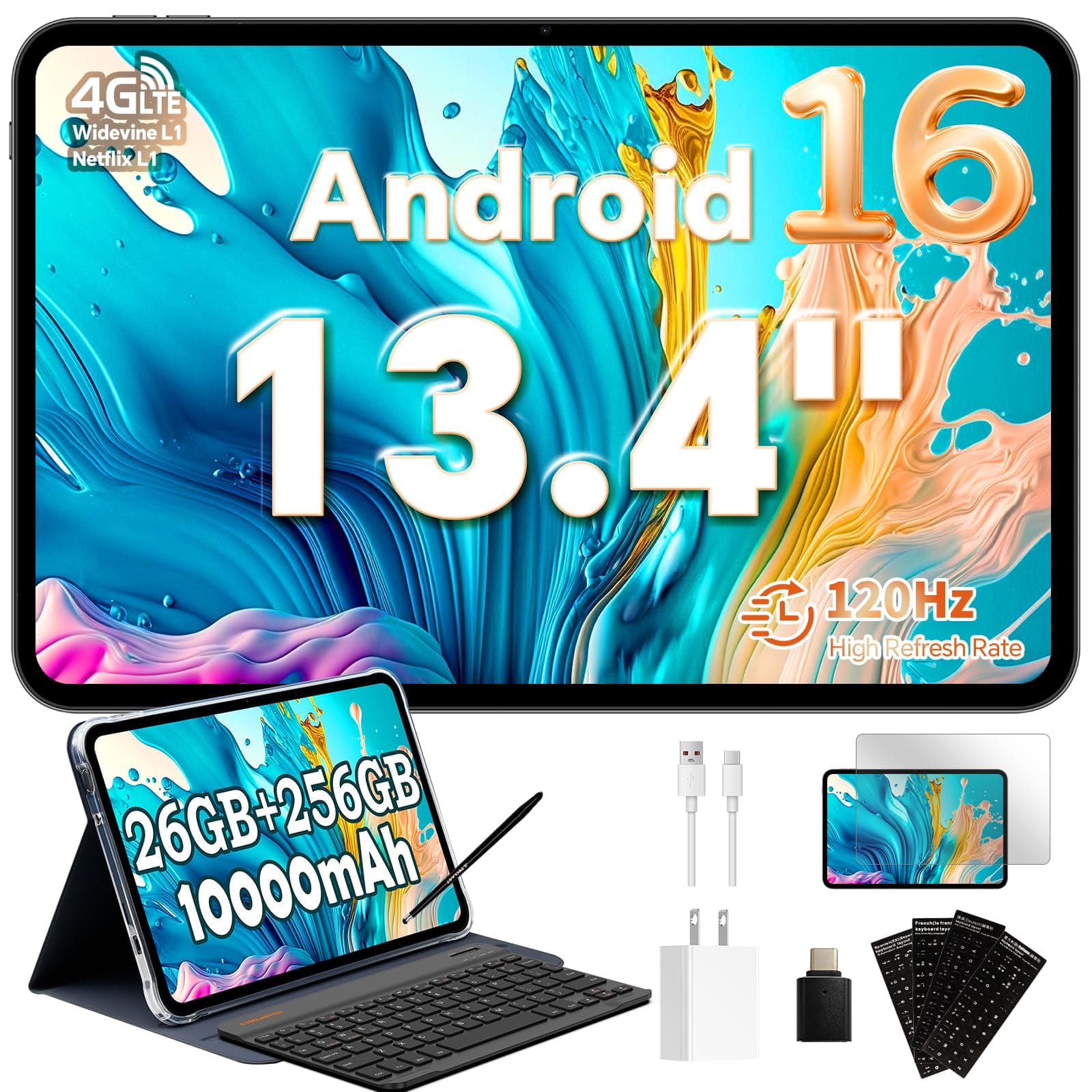 TECLAST T65 Tablet 13.4" Android 16, Pantalla 120Hz, Tablet con Teclado, Lápiz y Protectora, 26 GB RAM + 256 GB ROM, 2.2GHz Octa-Core, Doble SIM 4G LTE, 5G WiFi, 10000 mAh, Widevine L1, GPS, OTG