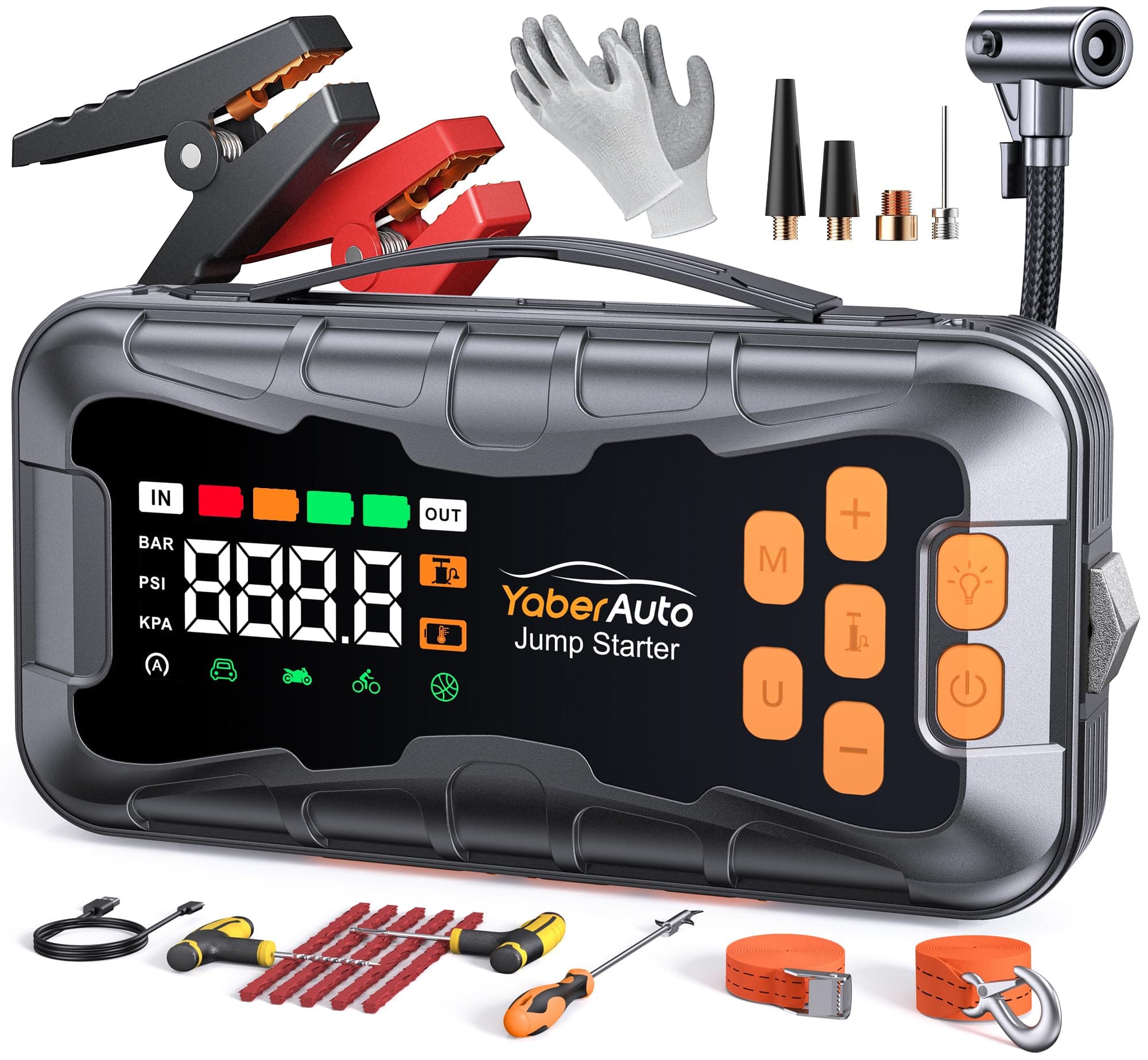 Arrancador de Bateria de Coche 8000A, 16-en-1 YaberAuto Arrancador de Coche Portatil (Todo Gas/Diésel 14L) con Compresor de Aire 160PSI, Kit de Emergencia Multifunción con Guantes Aislantes