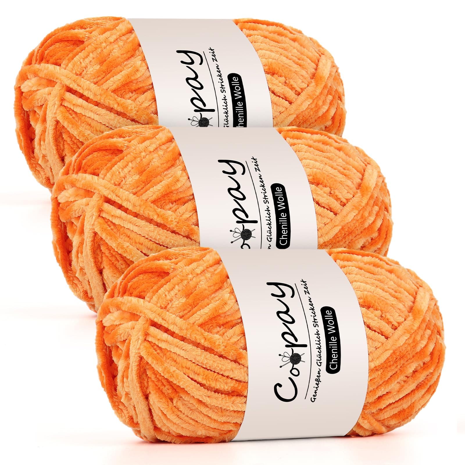 Coopay Lot de 3 Pelotes de Laine Chenille pour Crochet - 100 g de Fil Velouté, Épais et Moelleux - Doux pour Couvertures, Écharpes - Orange