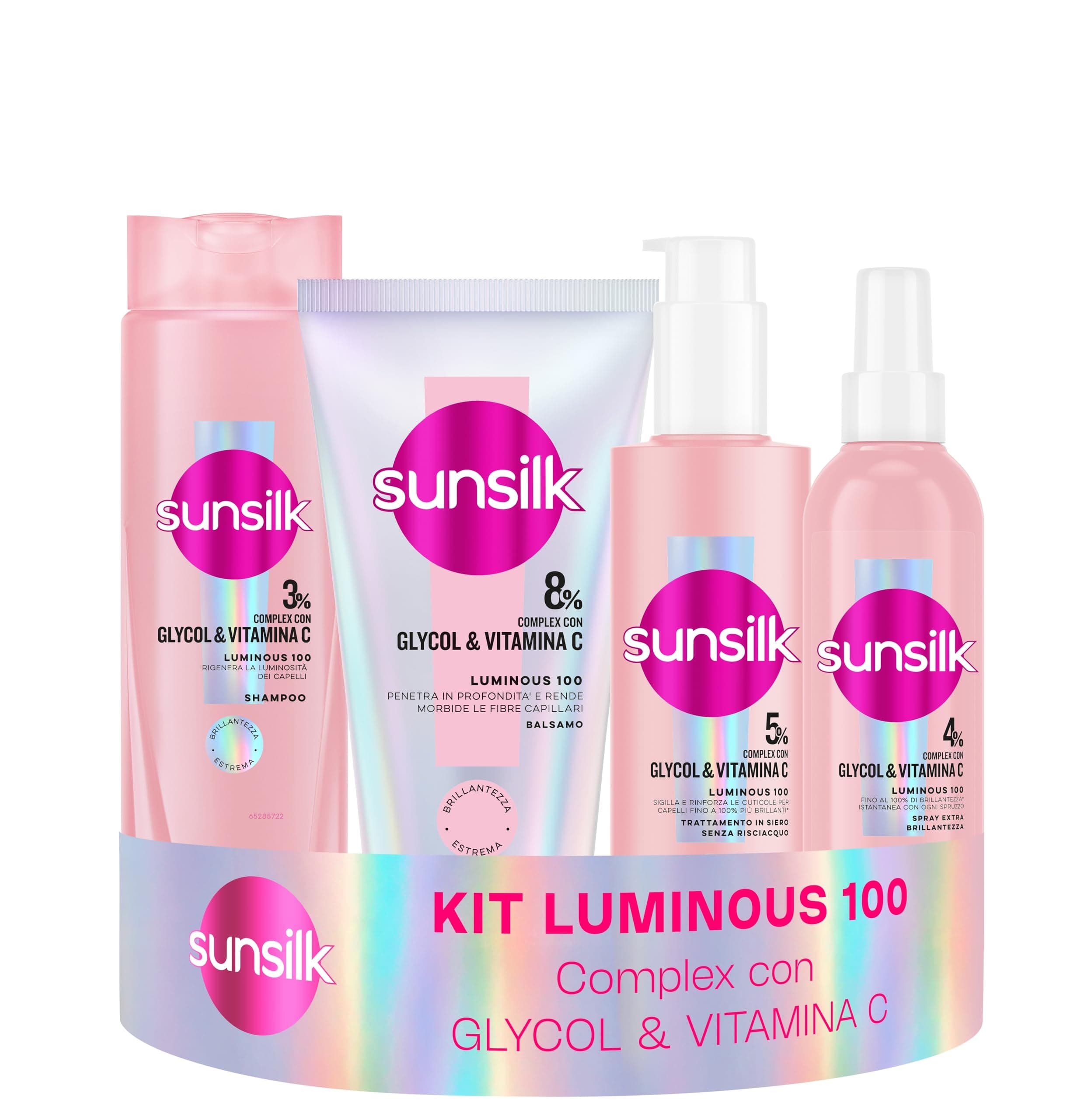 Sunsilk Kit Luminous 100 Shampoo 250ml, Balsamo 180ml, Siero Capelli 200ml e Spray Extra Brillantezza 200ml, Set Cura Capelli Luminosi, Effetto Specchio con Glycol e Vitamina C