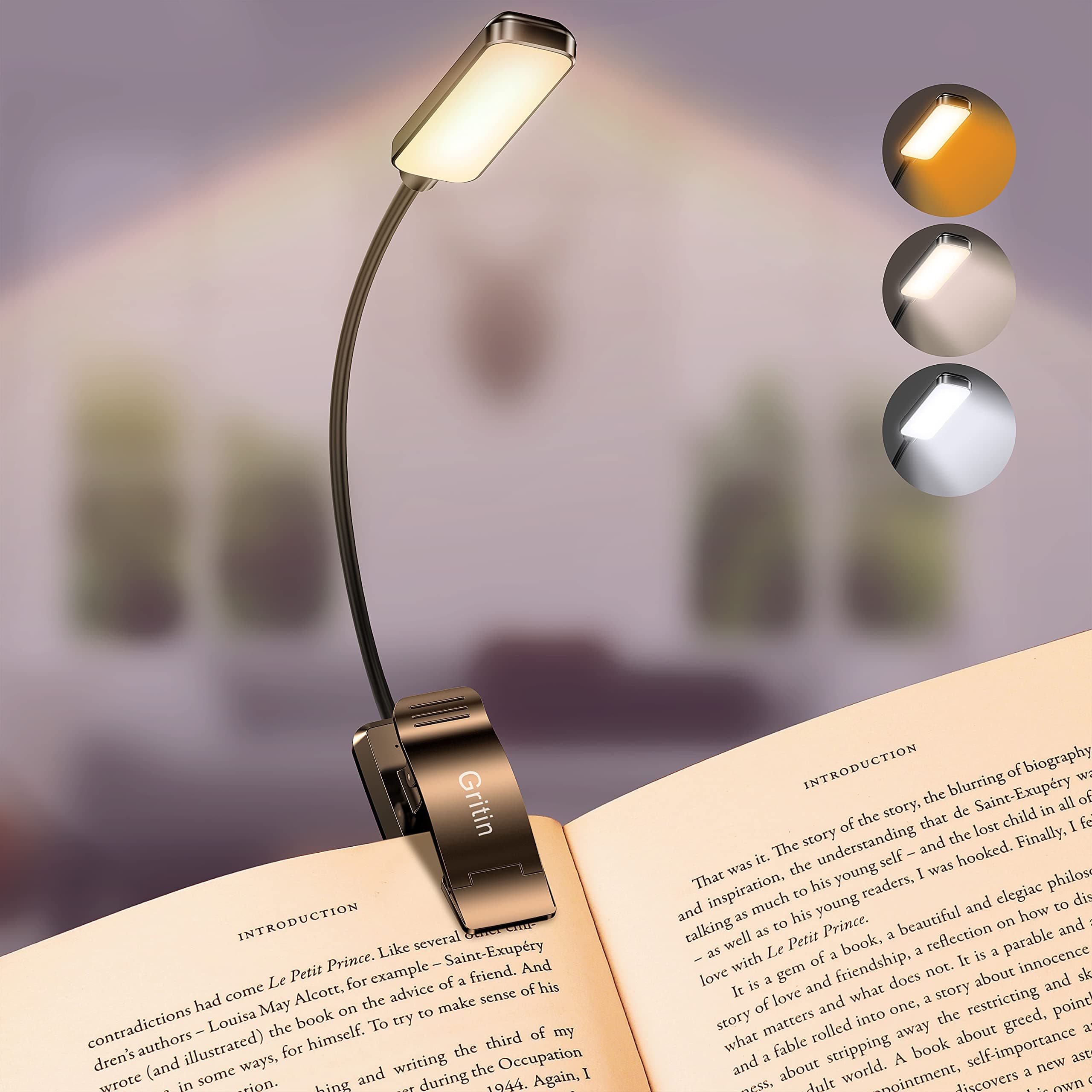 Gritin Luz de Lectura Recargable, Lampara Libro de Lectura con 9 LED/3 Modos de Protección de Los Ojos - Atenuación Continua, Batería de Larga Duración, 360° Flexible Luz de Libro con Clip