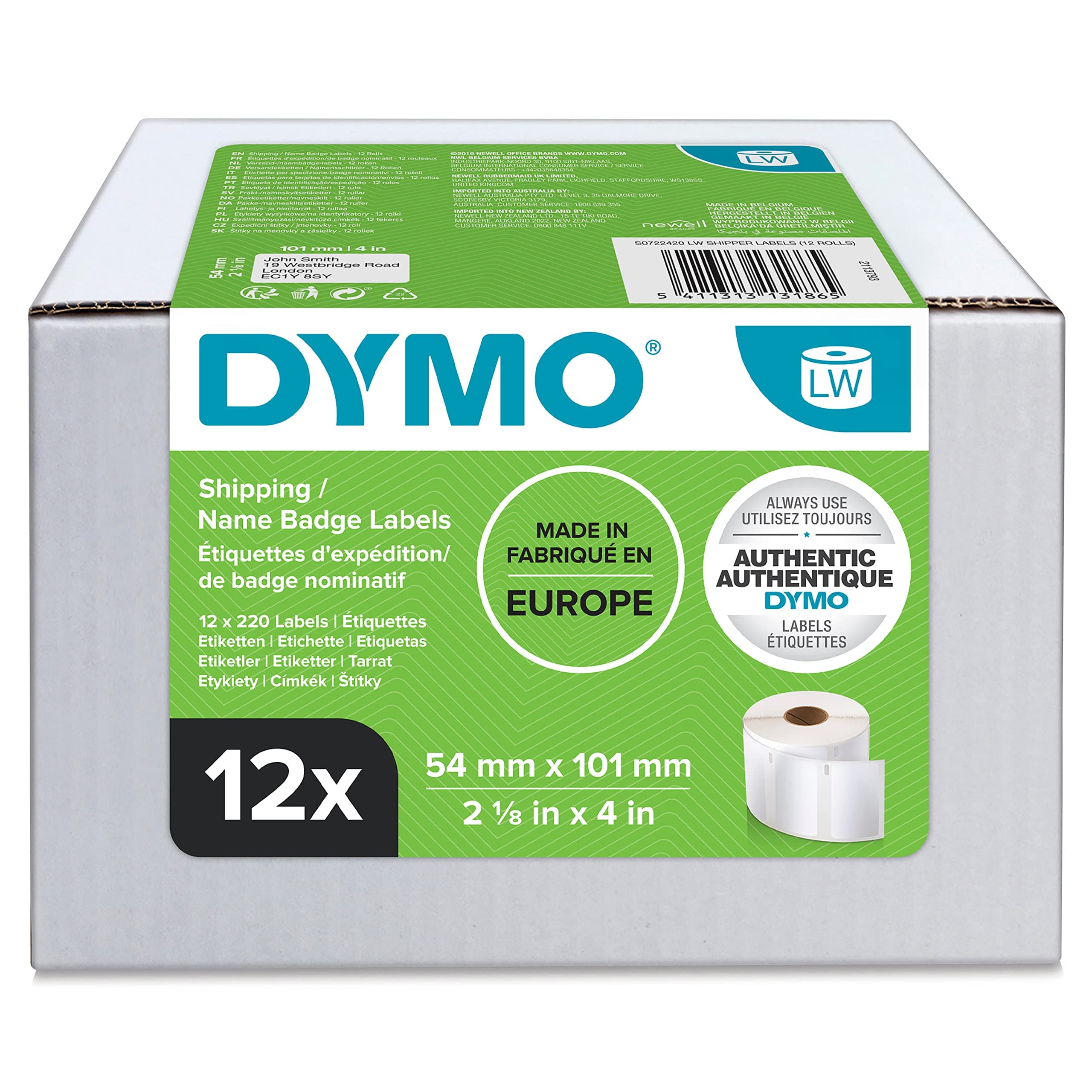 DYMO LW etichette per spedizioni grandi | 54 mm x 101 mm | 12 rotoli da 220 etichette facilmente staccabili (2640 etichette) | autoadesive | per etichettatrici LabelWriter | originali