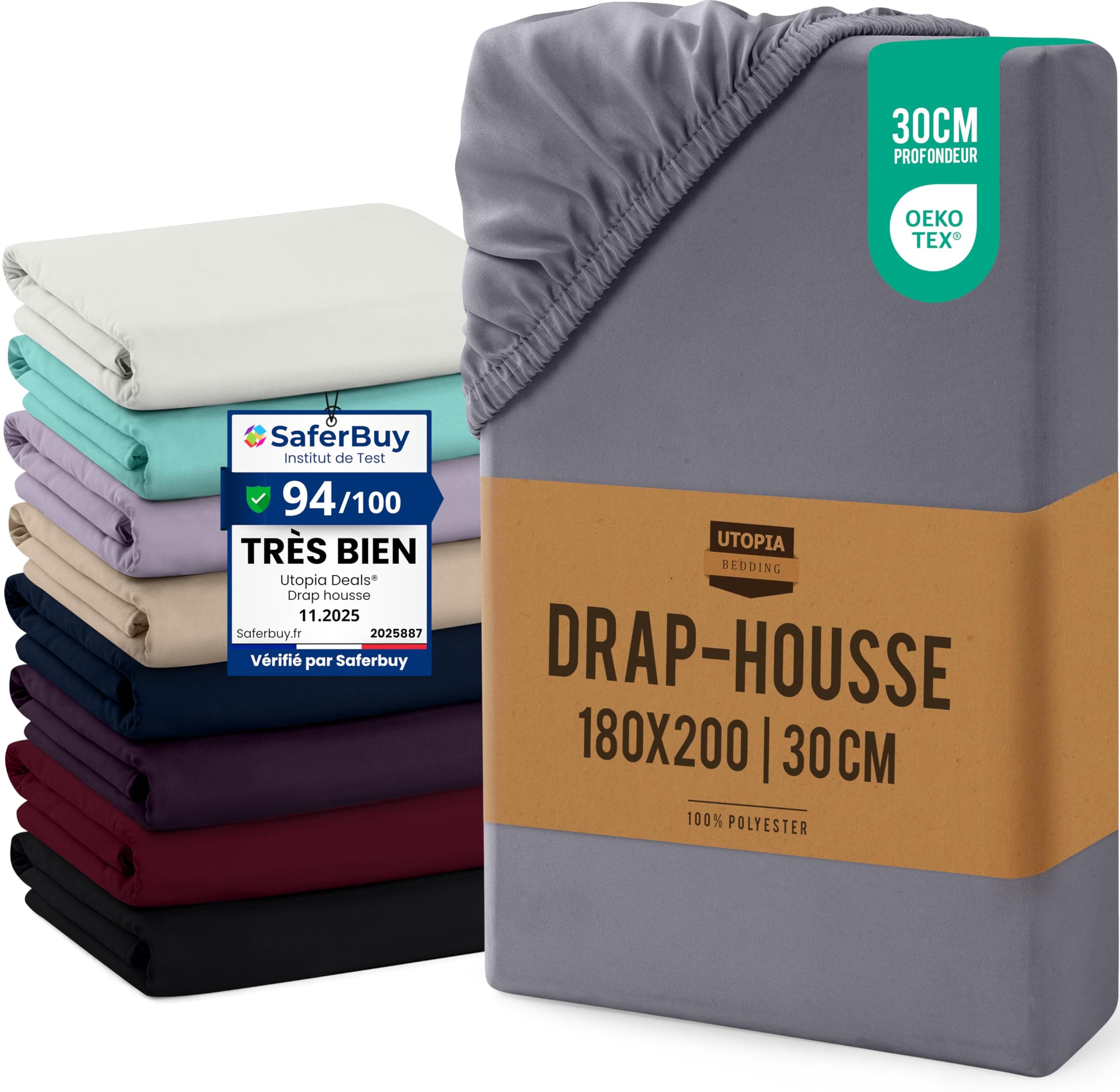 Utopia Bedding Drap Housse - Gris, 180 x 200 cm - Coupes de 30 cm pour Matelas épais - Certifié Oeko-Tex - Polyester Microfibre brossée