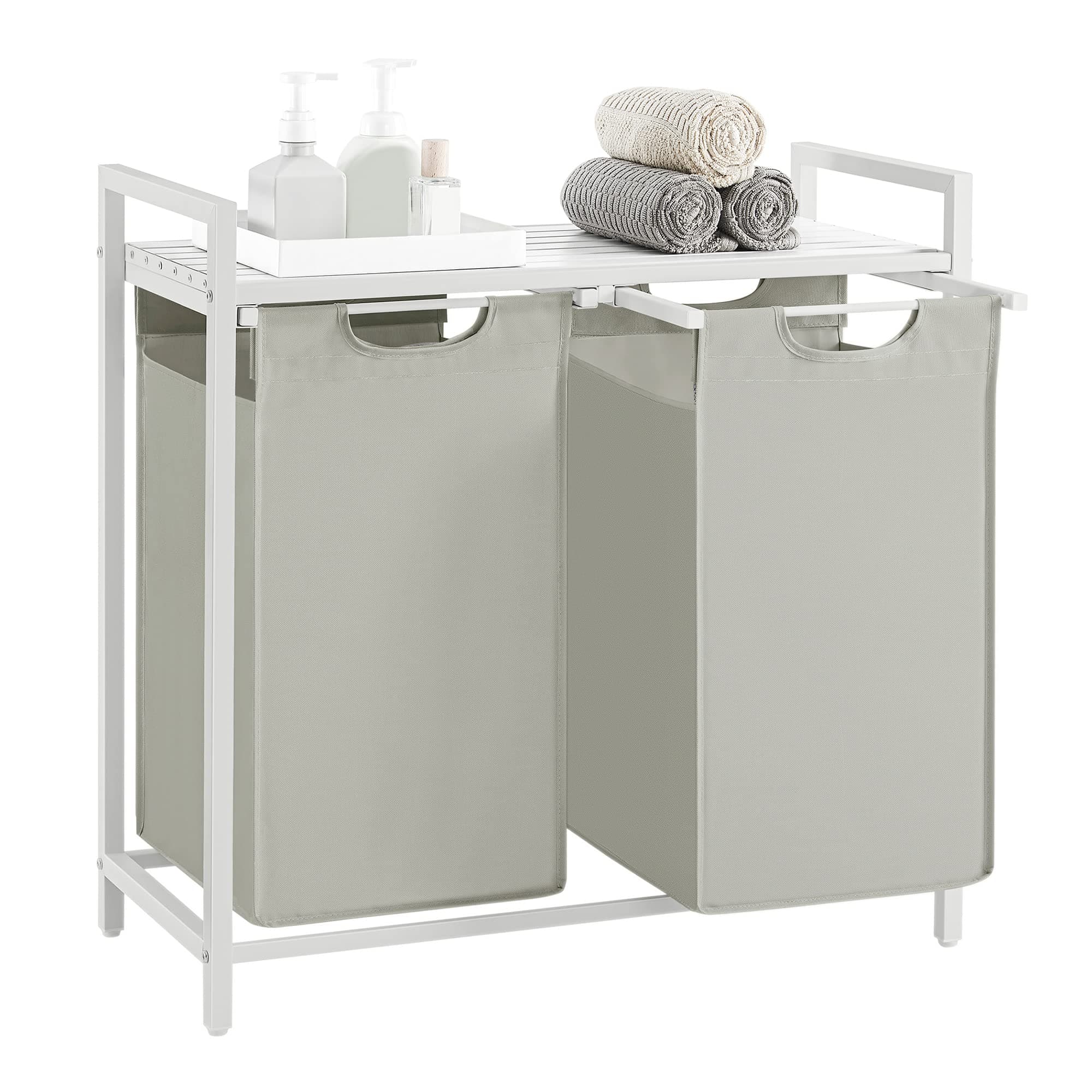 VASAGLE Wäschekorb 2 Fächer, Wäschesammler mit Ablage, Wäschebox, Wäschesack aus Oxford-Gewebe abnehmbar, Metallrahmen, 2 x 46 L, 73 x 33 x 72 cm, cremeweiß-mattweiß BLH201W01