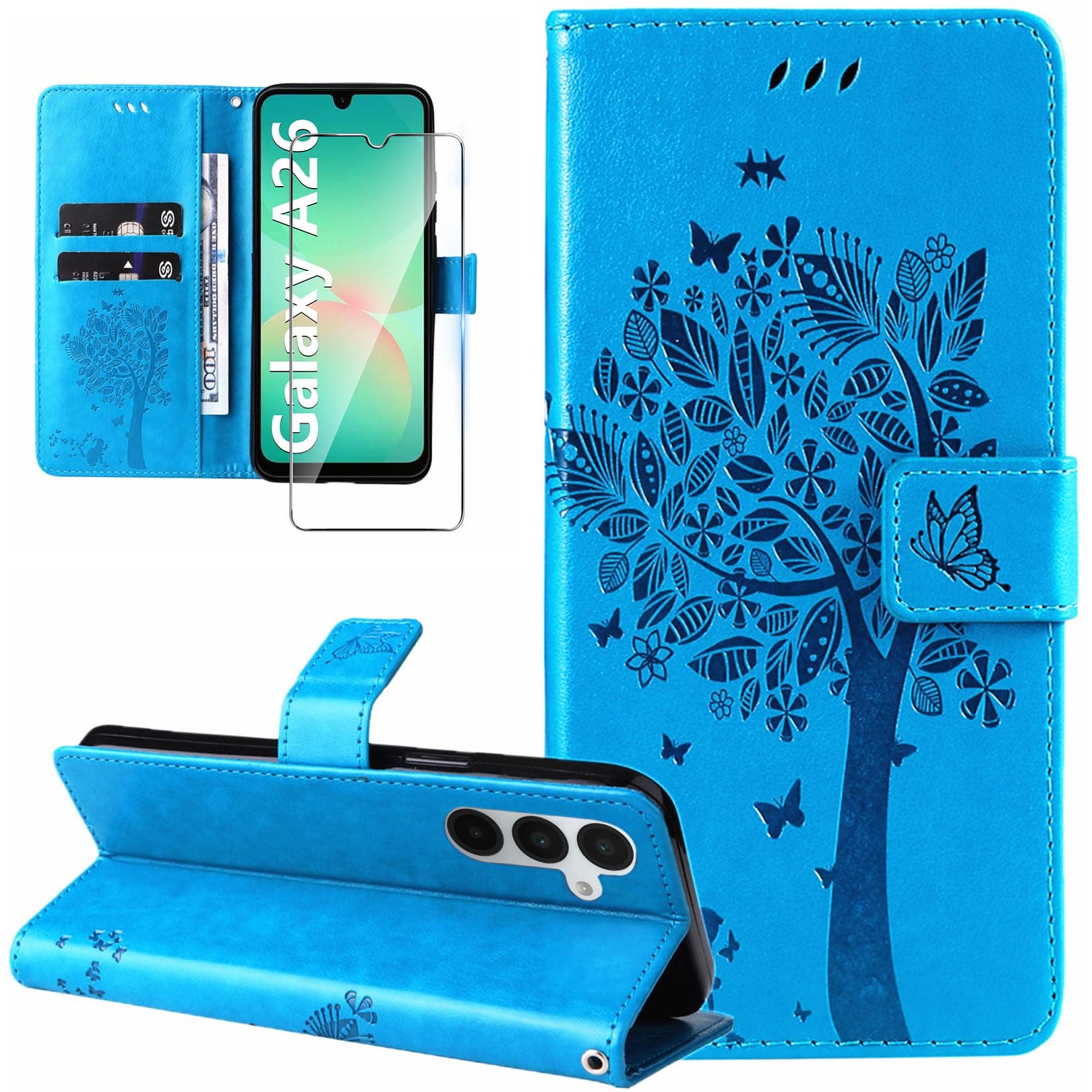 Dcjlbo Cover per Samsung Galaxy A26 5G Custodia Cover in Pelle Portafoglio a Libro con Pellicola Vetro Temperato Porta Carte Cover Flip Case Cuoio Antiurto Custodia per Samsung A26 5G-Blu