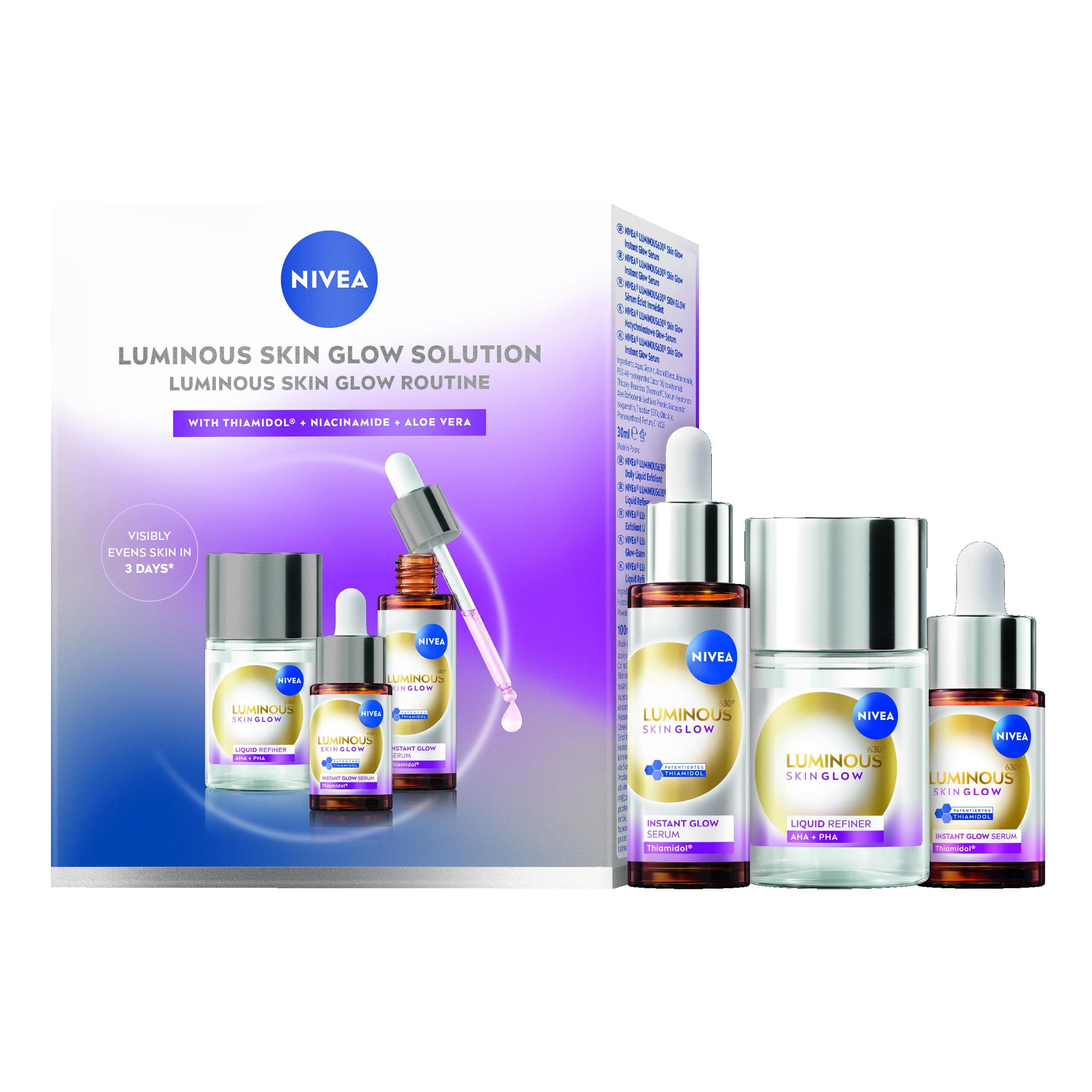 NIVEA Luminous630 Skin Glow Set, Gesichtspflege Set mit Feuchtigkeitsserum (1 × 30 ml & 1 × 15 ml) und Liquid Refiner (100 ml), Gesichtsserum und AHA Peeling für strahlende Haut